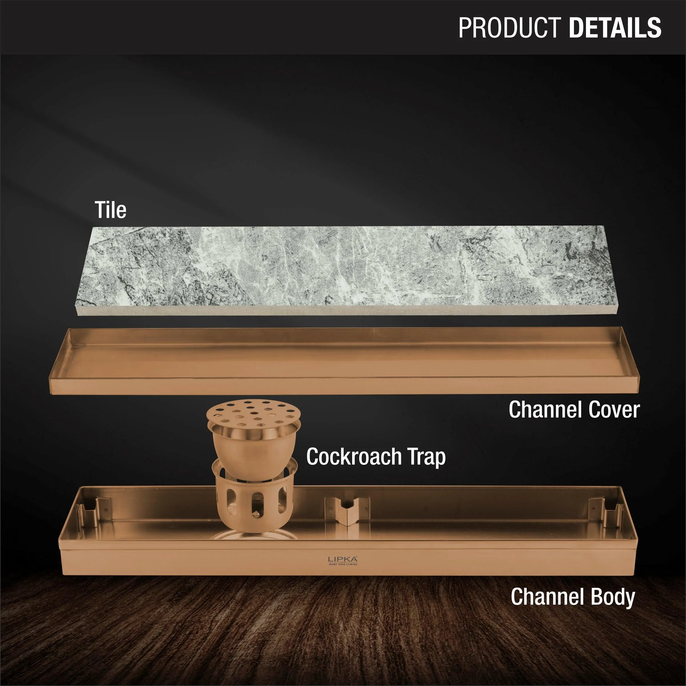 Tile Insert Shower Drain Channel - Antique Copper (24 x 5 Inches) - LIPKA - Image 3