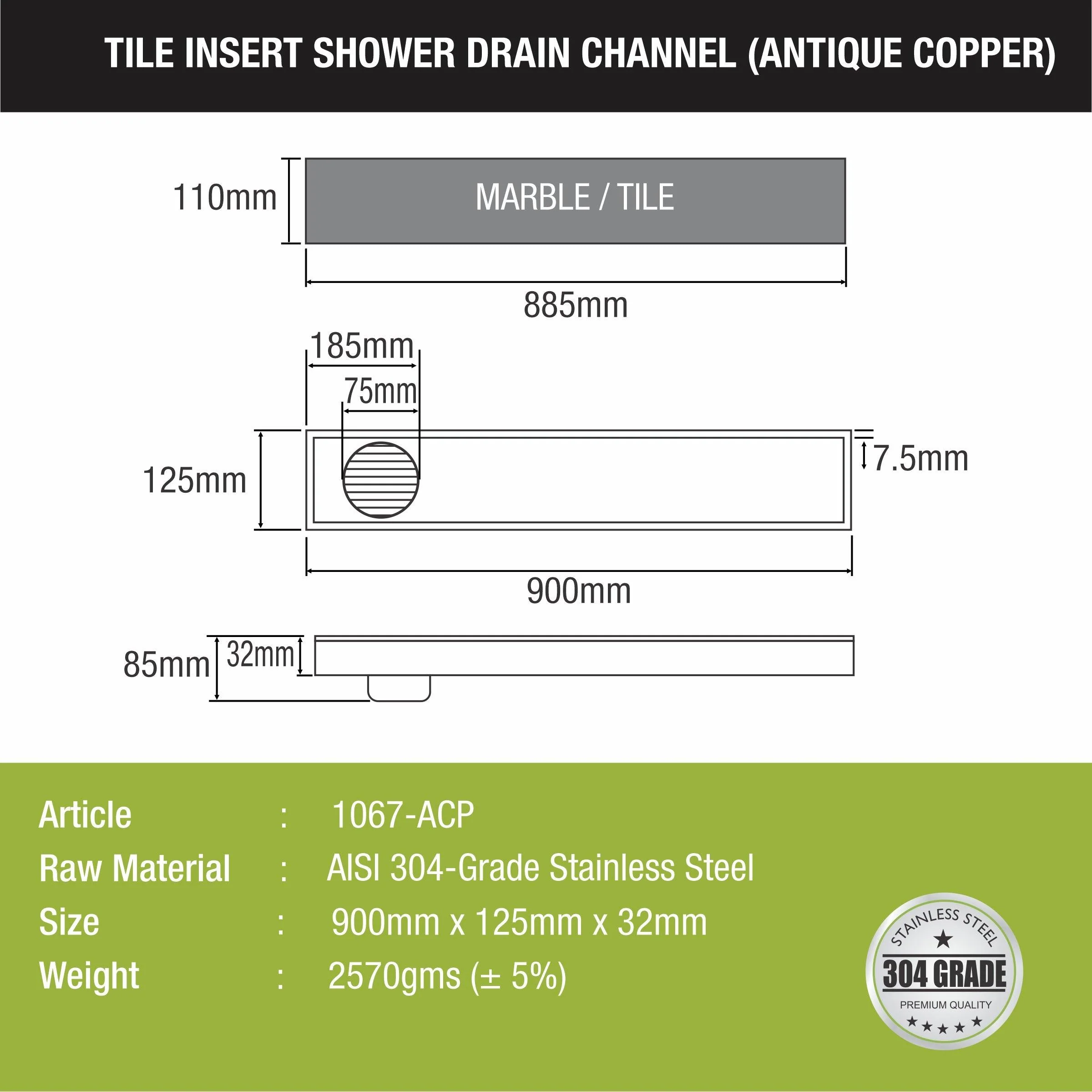 Tile Insert Shower Drain Channel - Antique Copper (36 x 5 Inches) - LIPKA - Image 2