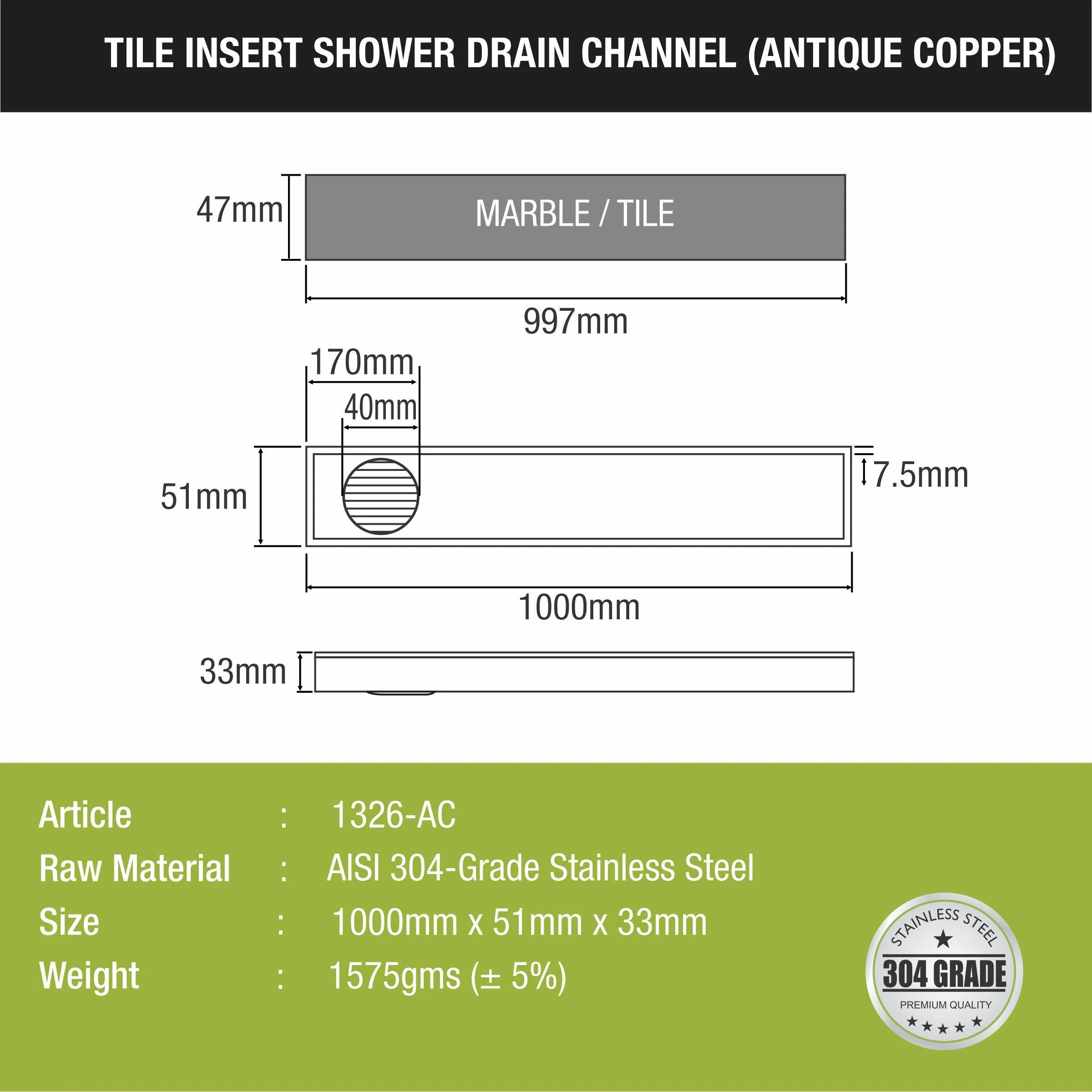 Tile Insert Shower Drain Channel - Antique Copper (40 x 2 Inches) - LIPKA - Image 2