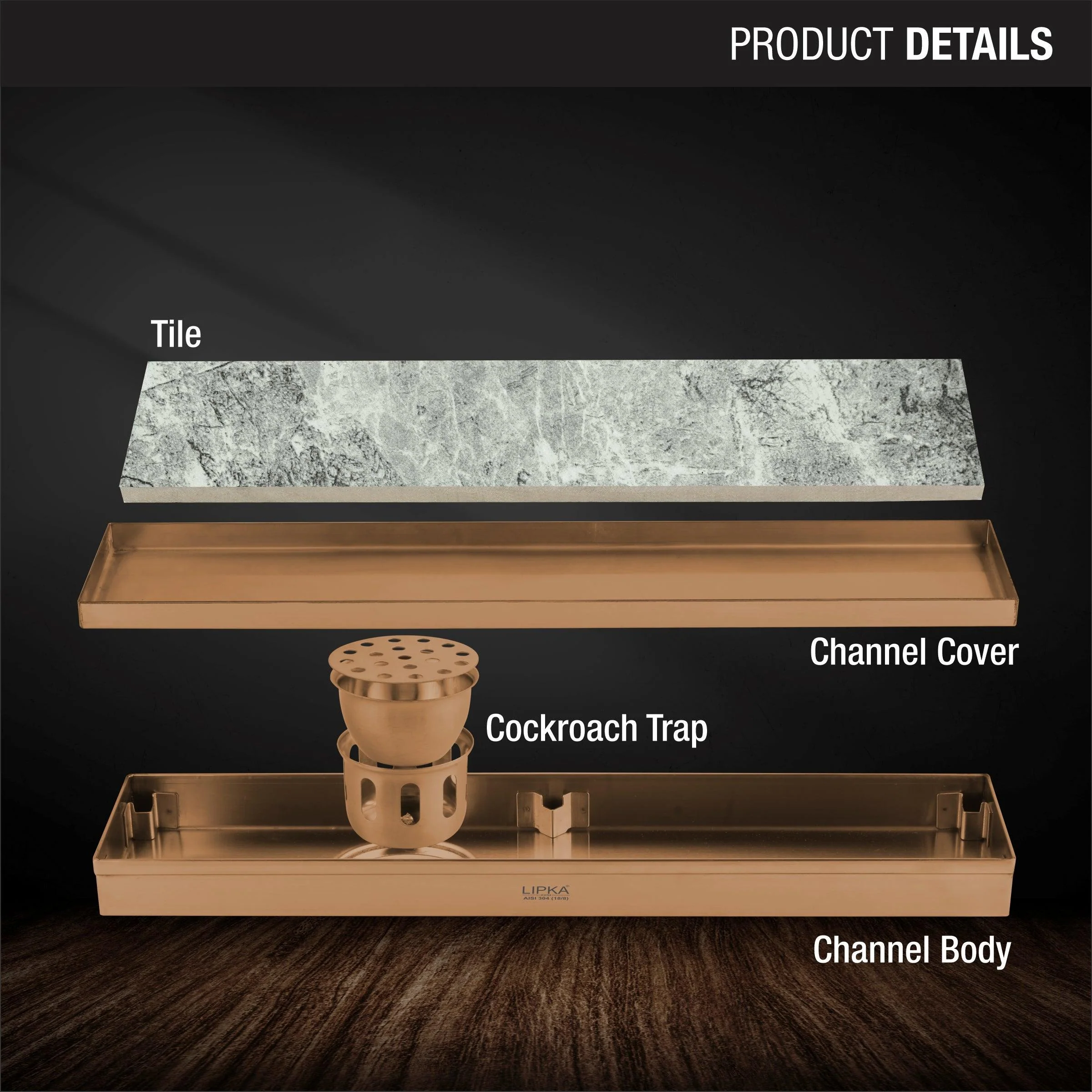 Tile Insert Shower Drain Channel - Antique Copper (48 x 5 Inches) - LIPKA - Image 3