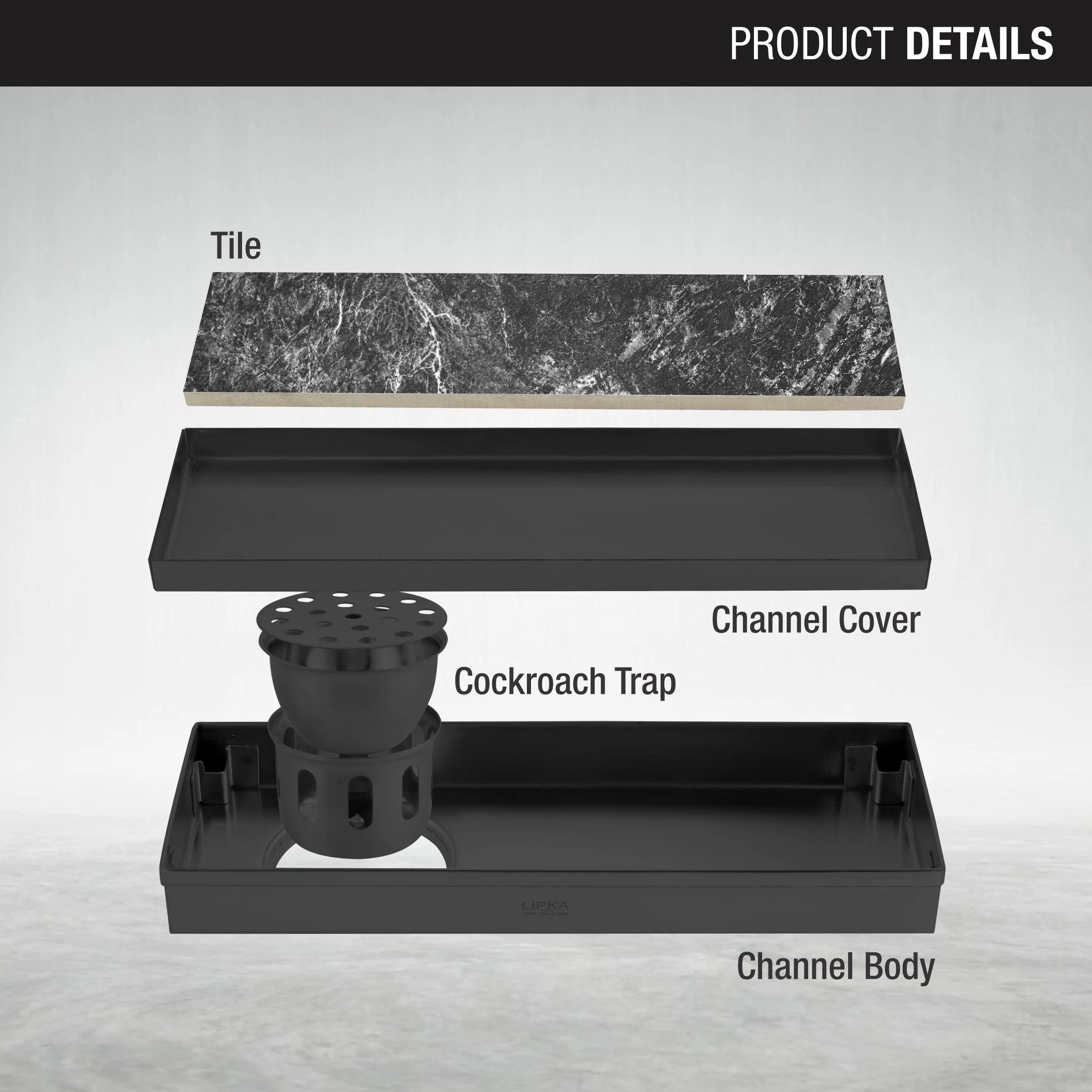 Tile Insert Shower Drain Channel - Black (12 x 4 Inches) - LIPKA - Image 3