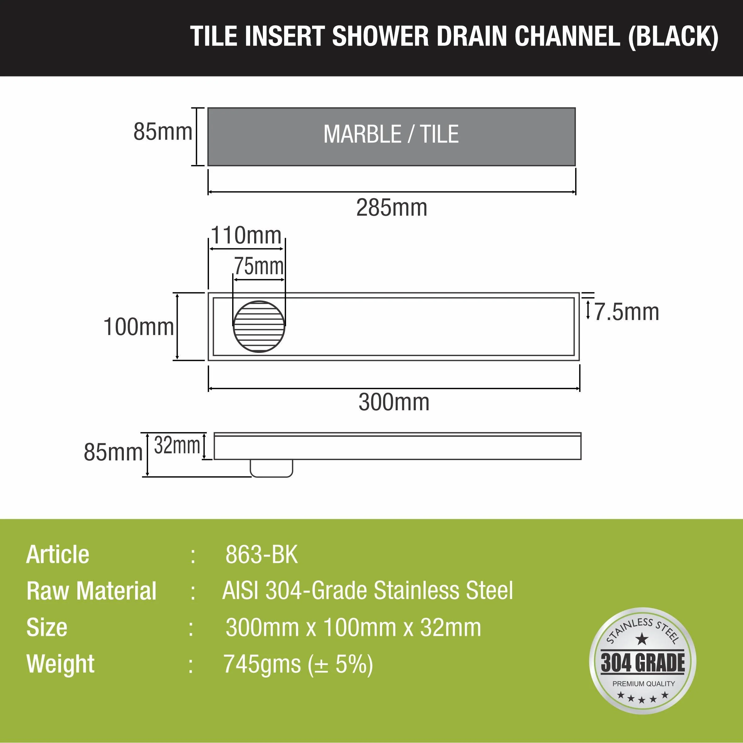 Tile Insert Shower Drain Channel - Black (12 x 5 Inches) - LIPKA - Image 2