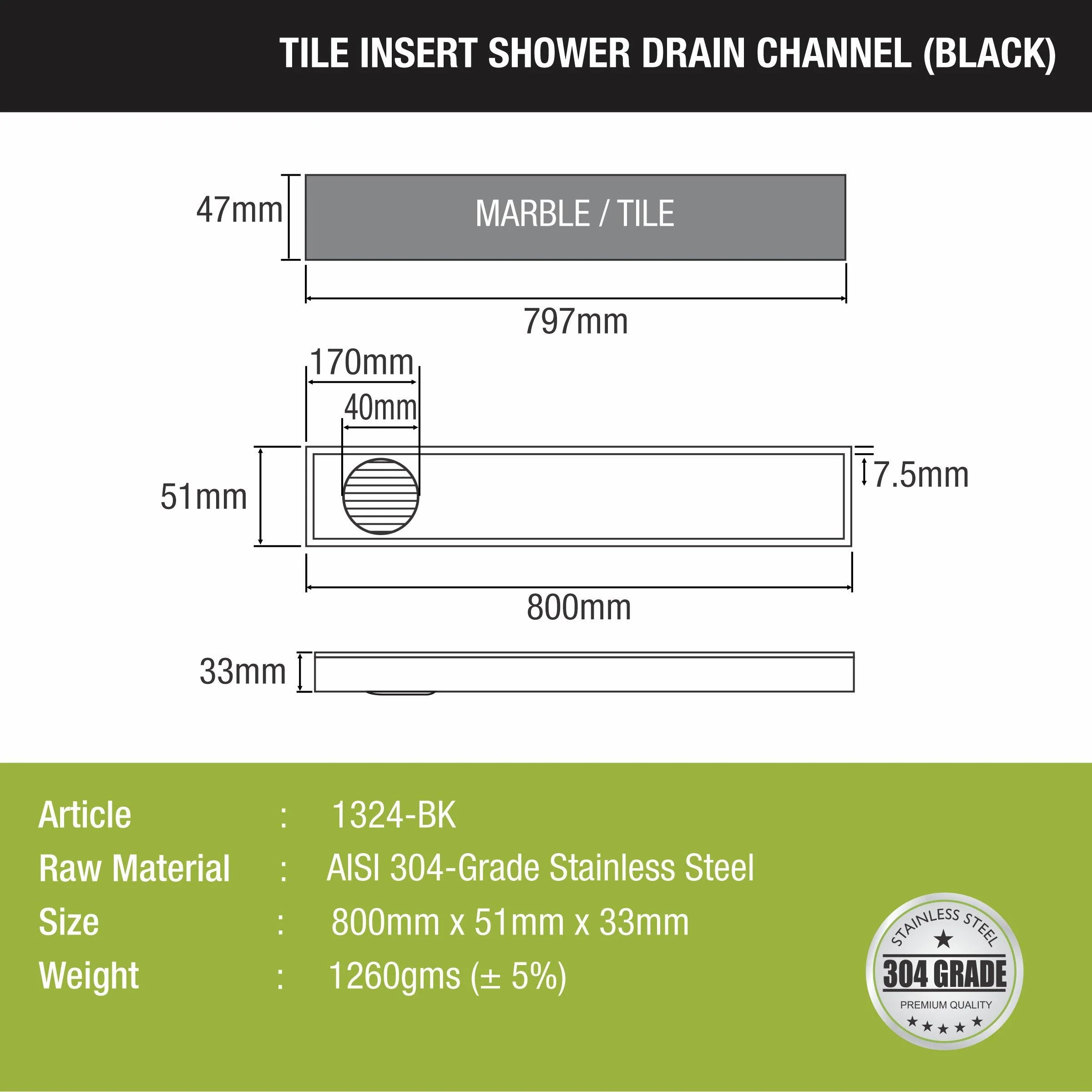 Tile Insert Shower Drain Channel - Black (32 x 2 Inches) - LIPKA - Image 2