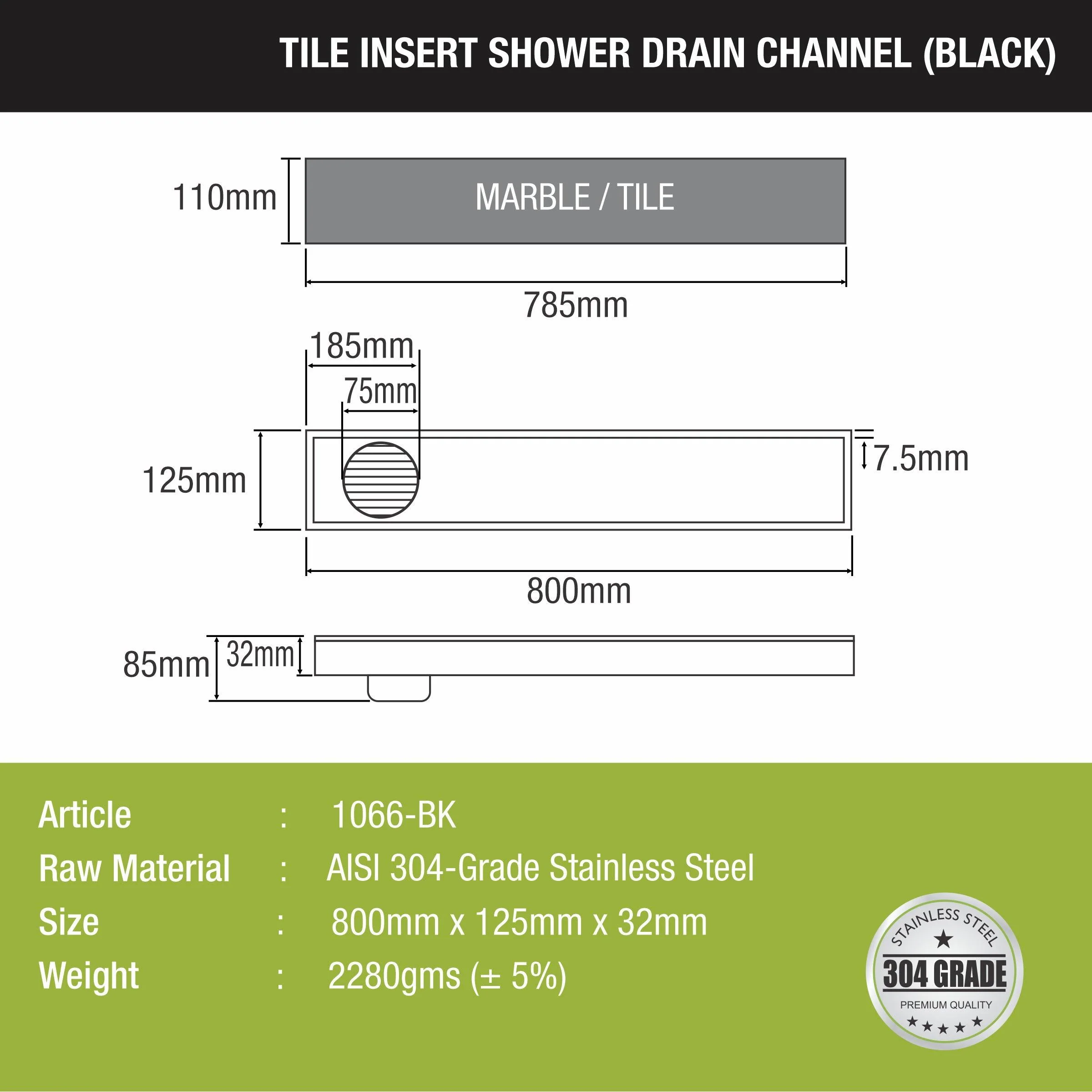 Tile Insert Shower Drain Channel - Black (32 x 5 Inches) - LIPKA - Image 2