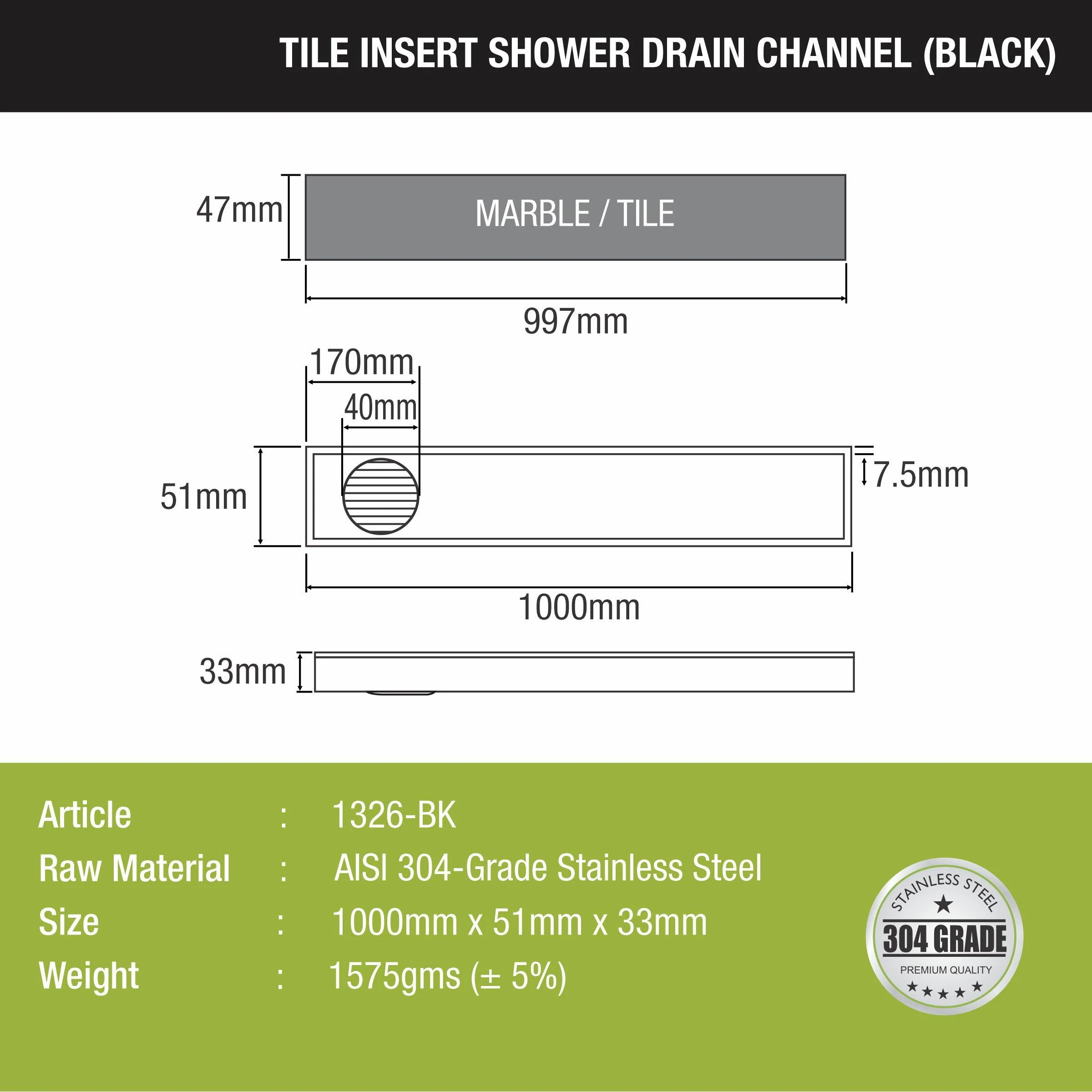 Tile Insert Shower Drain Channel - Black (40 x 2 Inches) - LIPKA - Image 2