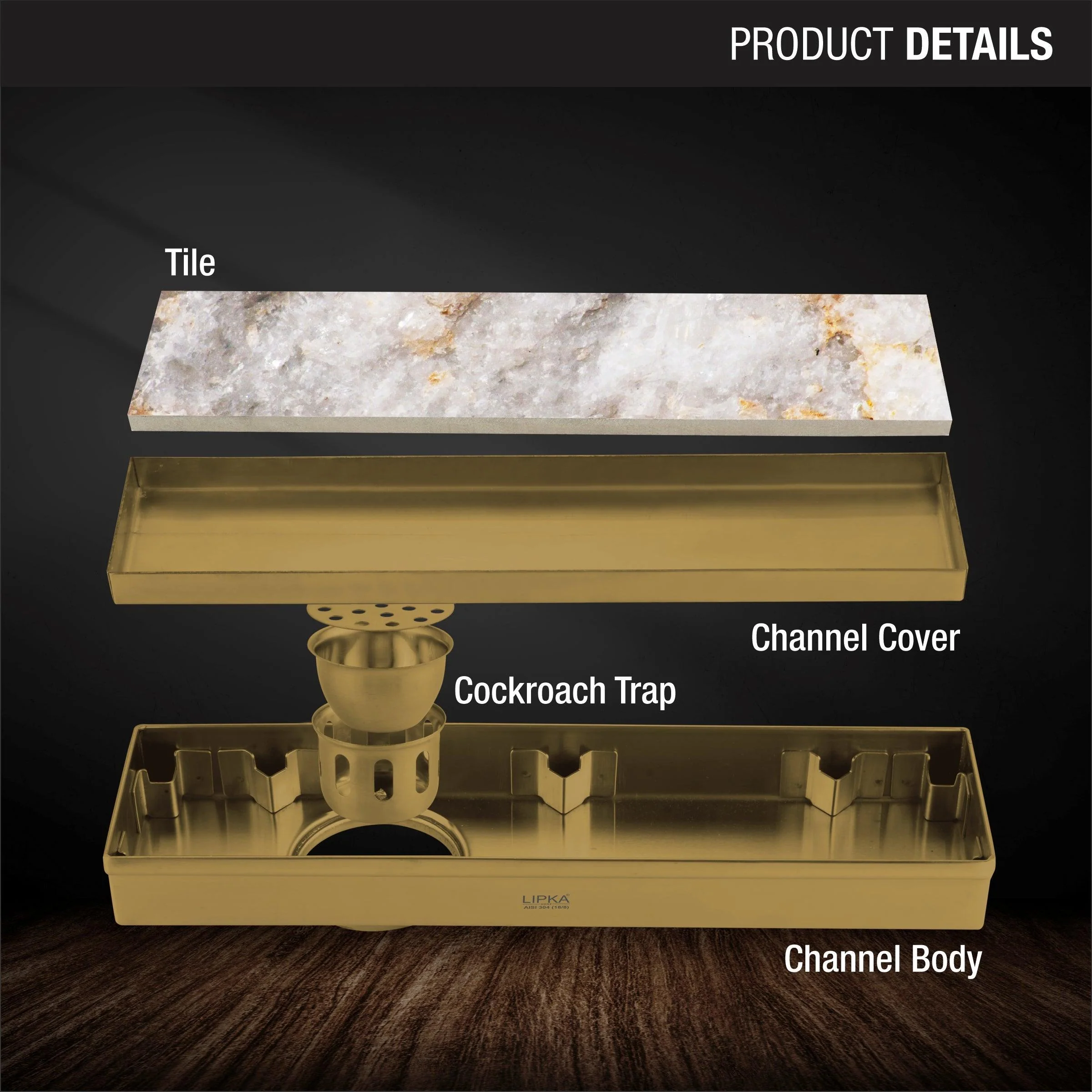 Tile Insert Shower Drain Channel - Yellow Gold (12 x 3 Inches) - LIPKA - Image 3