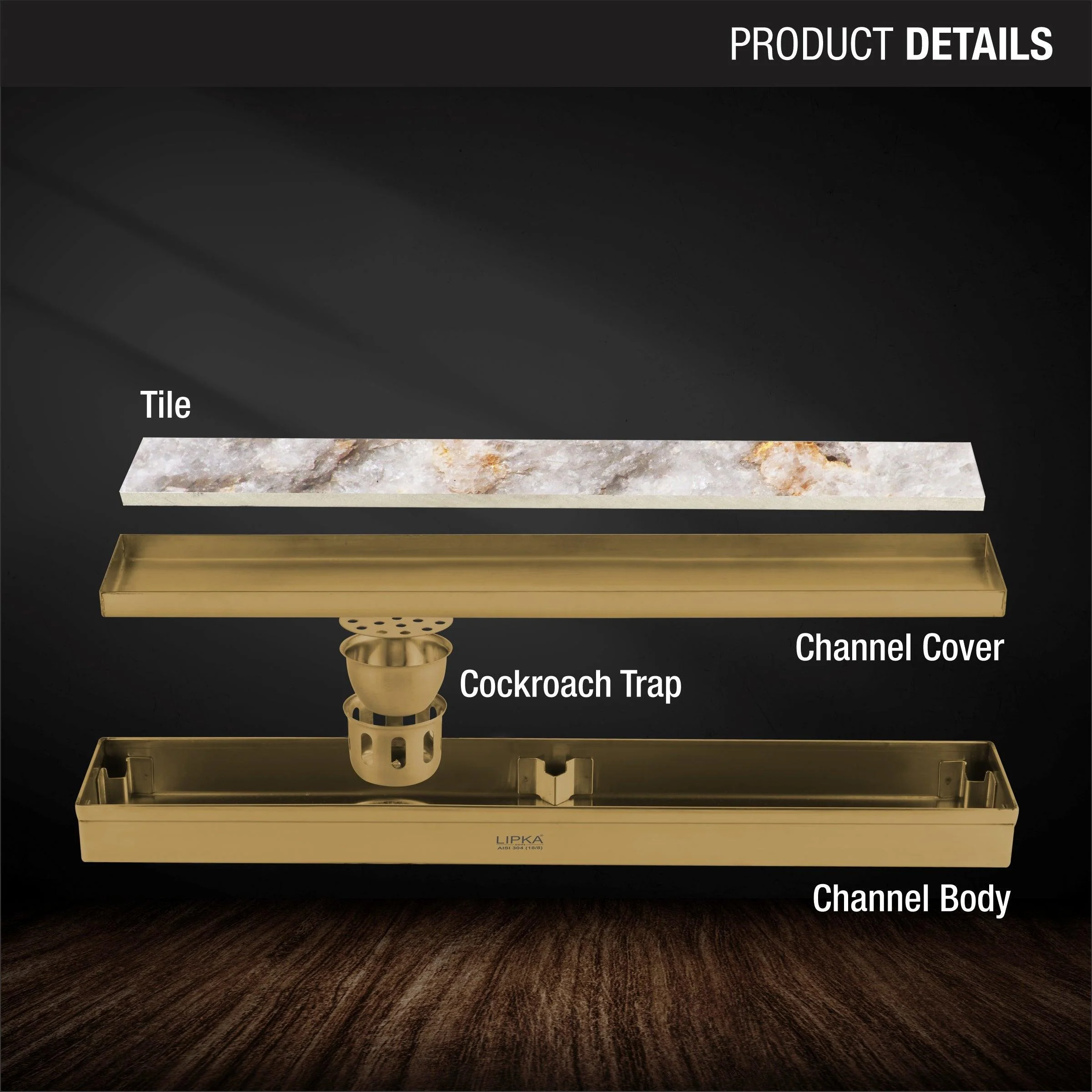 Tile Insert Shower Drain Channel - Yellow Gold (24 x 3 Inches) - LIPKA - Image 3