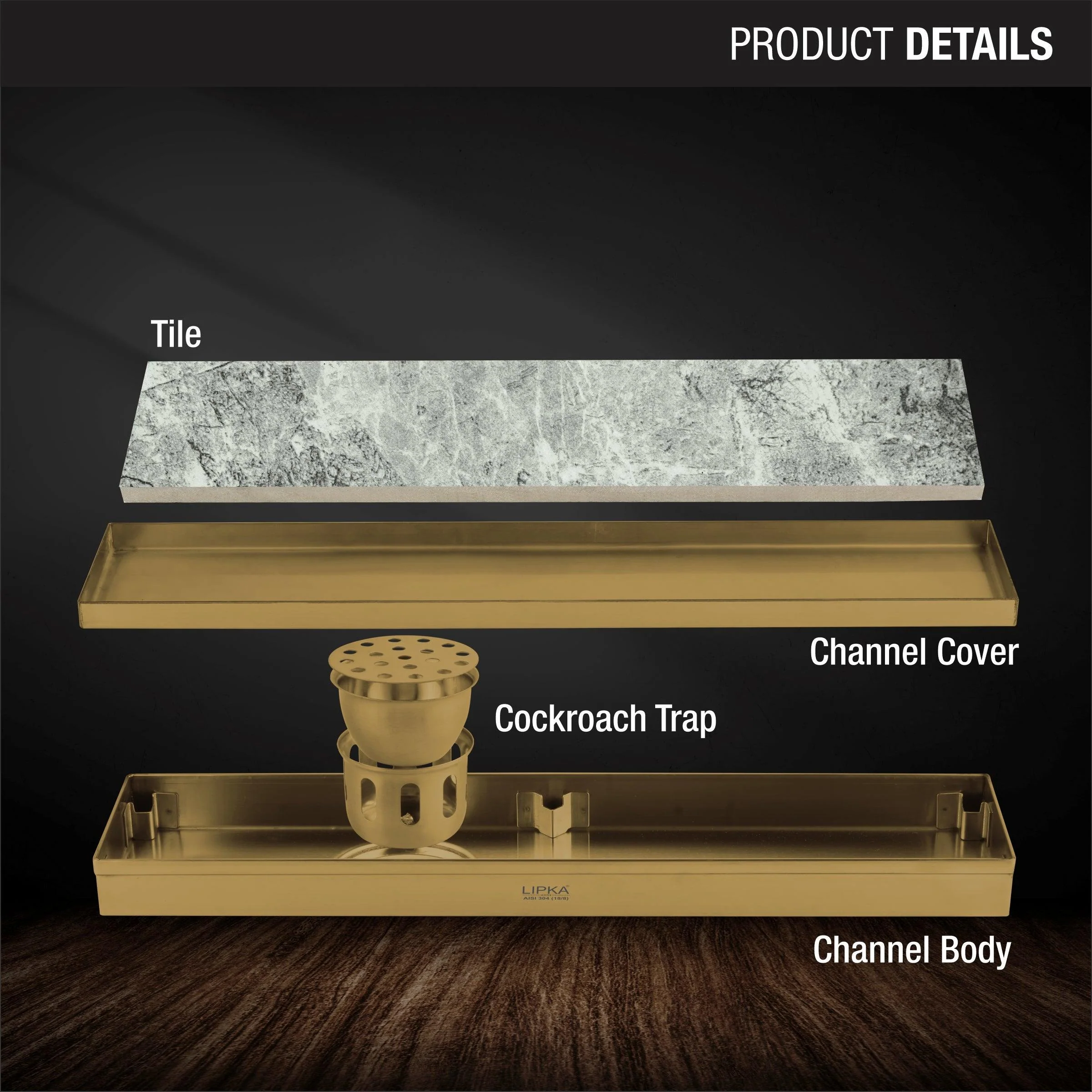 Tile Insert Shower Drain Channel - Yellow Gold (32 x 5 Inches) - LIPKA - Image 3
