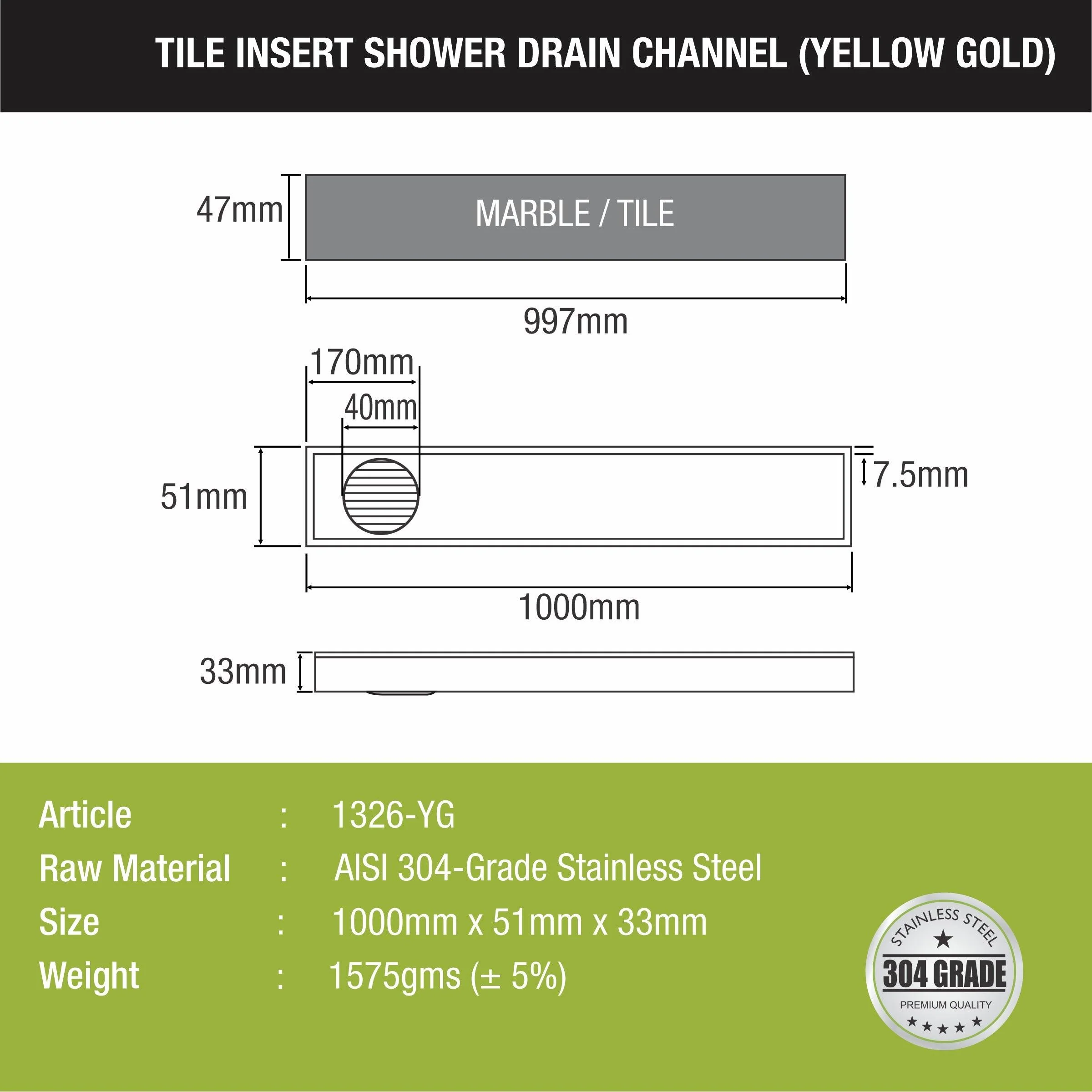 Tile Insert Shower Drain Channel - Yellow Gold (40 x 2 Inches) - LIPKA - Image 2