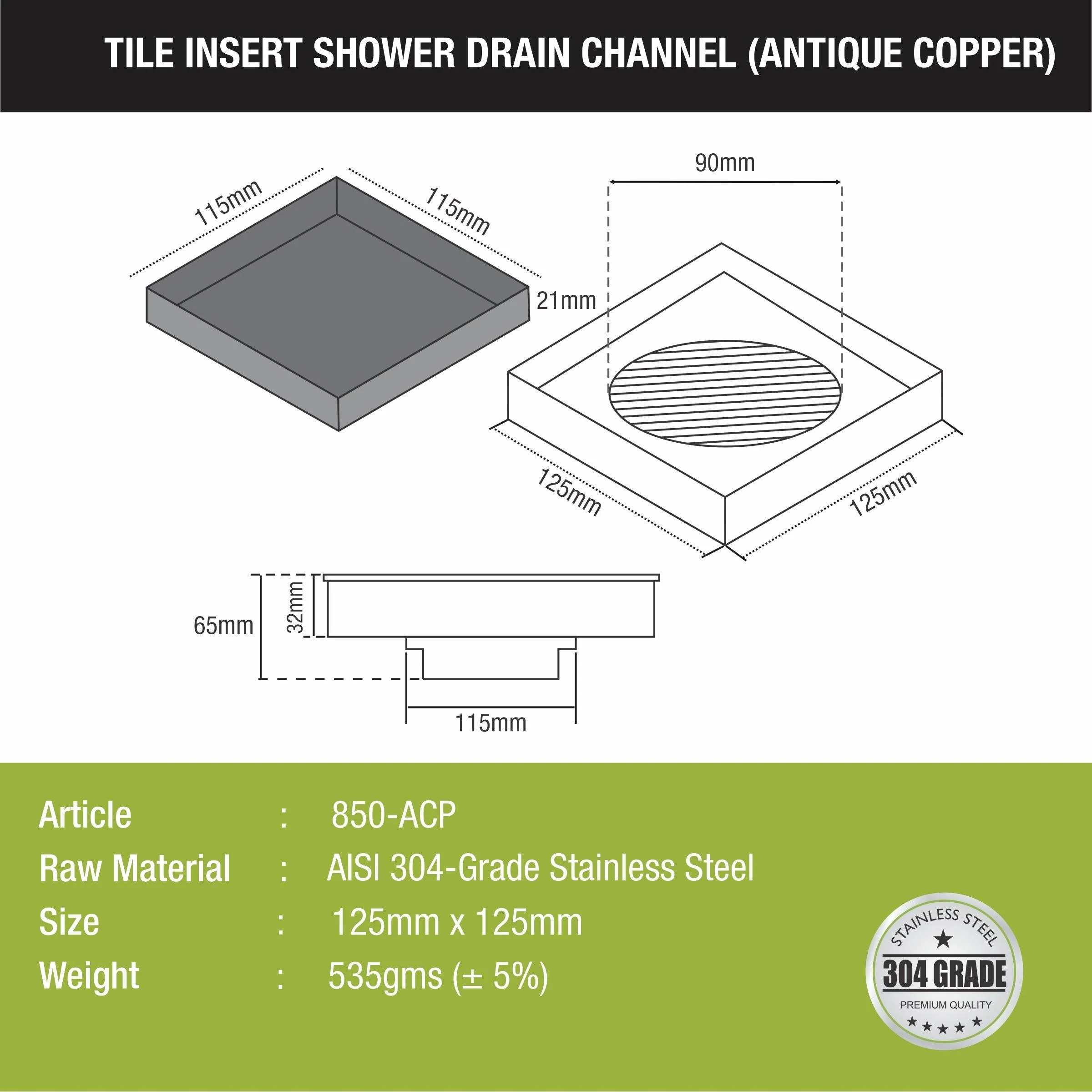 Tile Insert Square Floor Drain - Antique Copper (5 x 5 Inches) - LIPKA - Image 2