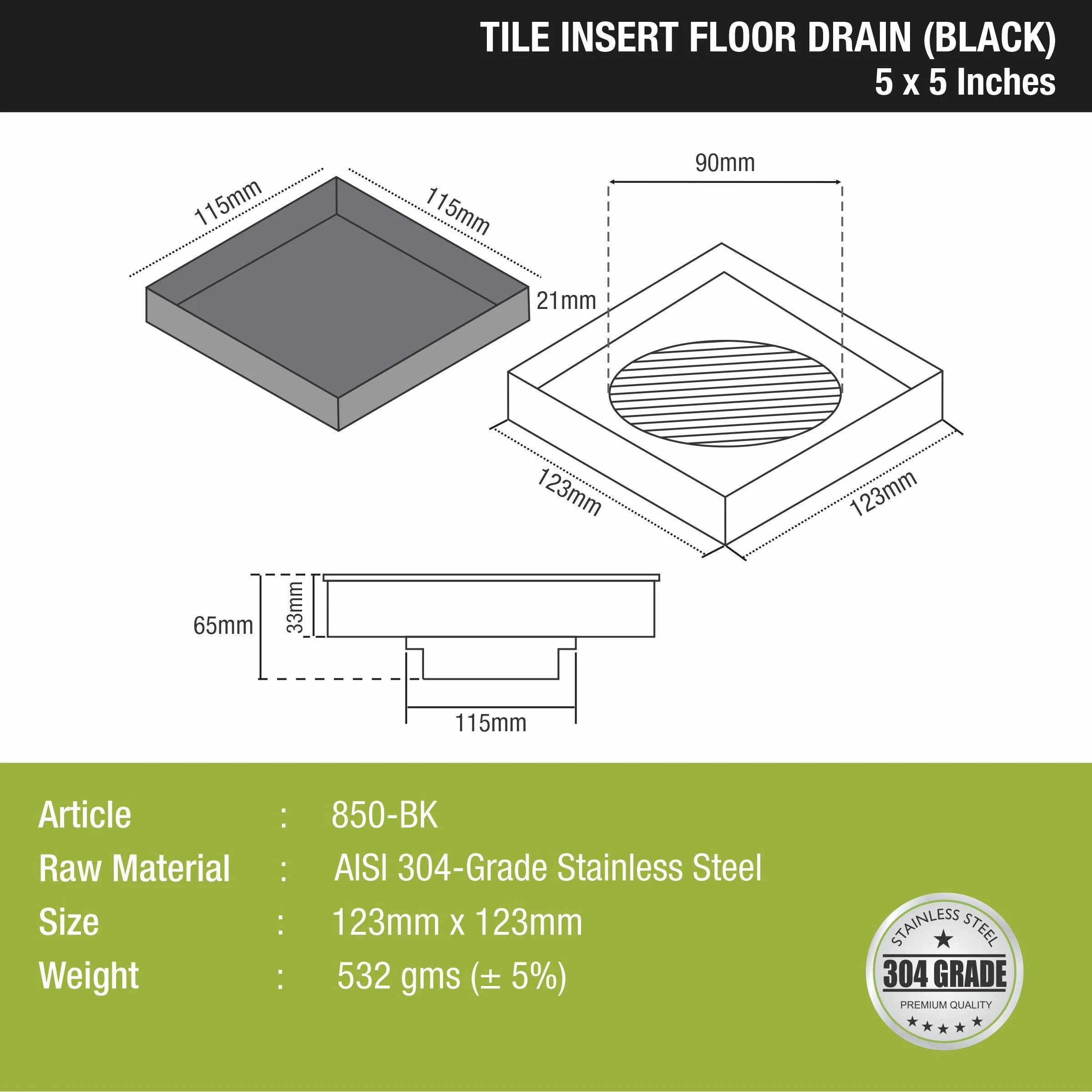Tile Insert Square Floor Drain - Black (5 x 5 Inches) - LIPKA - Image 2