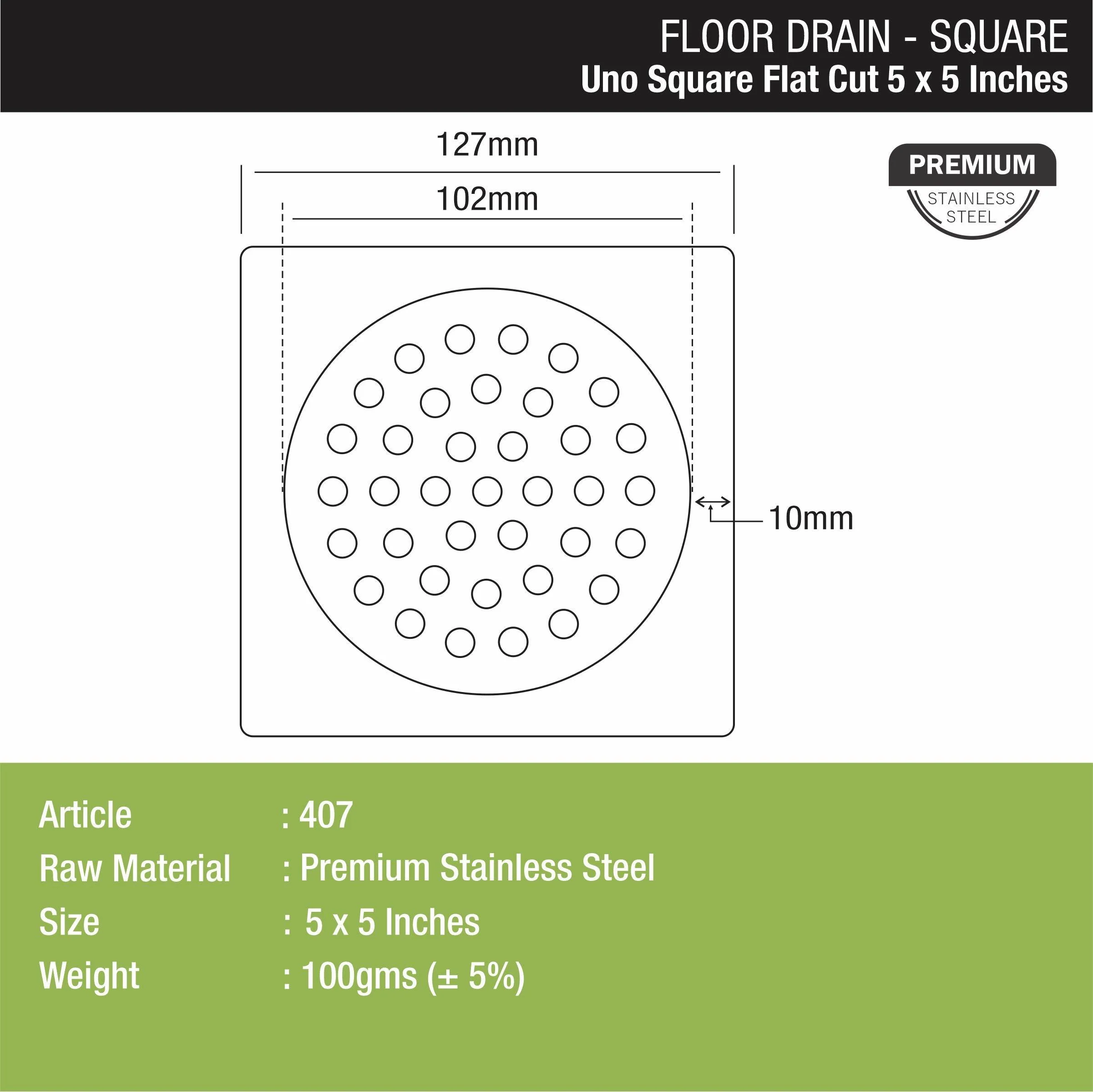 UNO Square Flat Cut Floor Drain (5 x 5 Inches) - LIPKA - Image 2