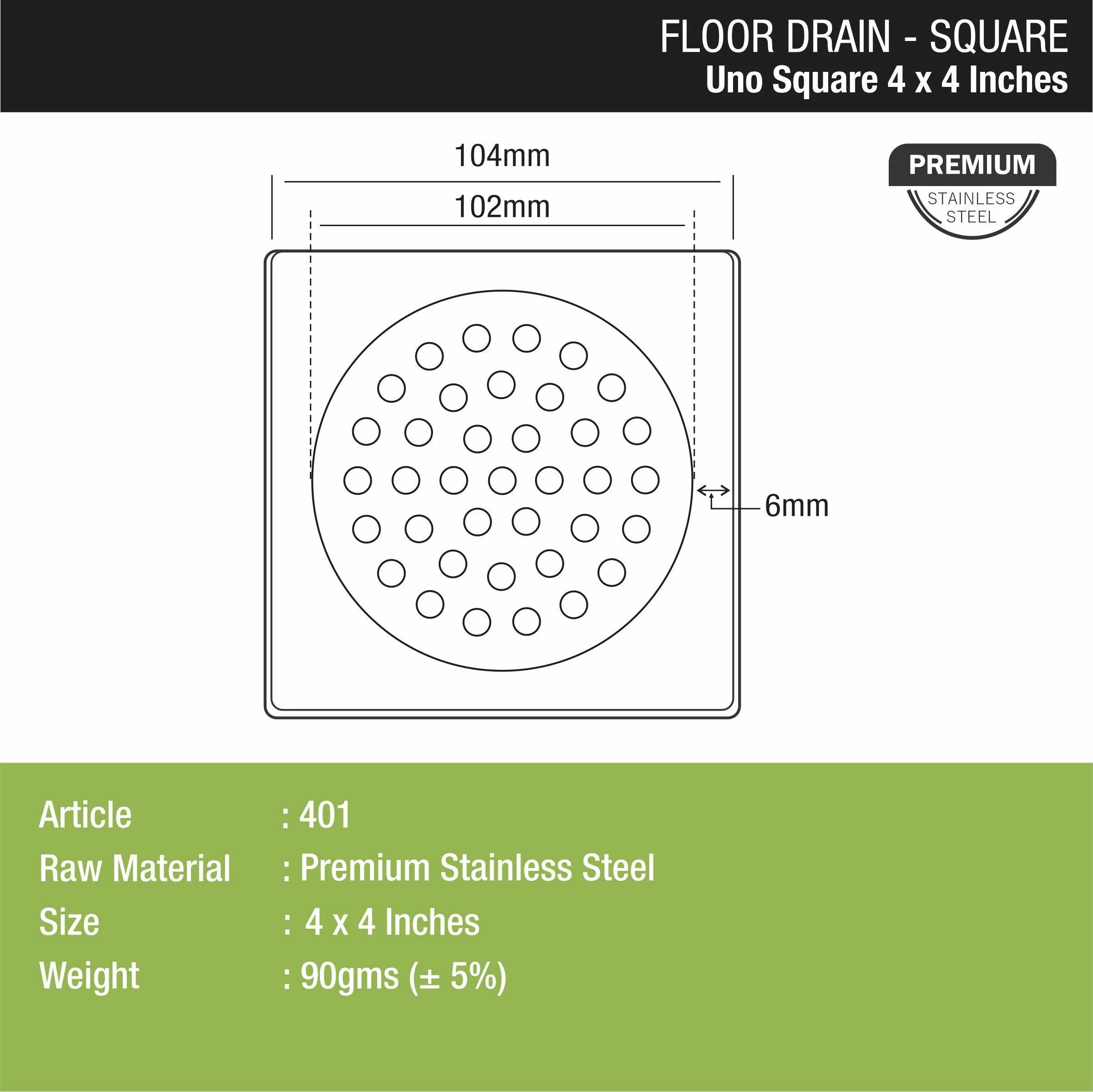 UNO Square Floor Drain (4 x 4 Inches) - LIPKA - Image 2