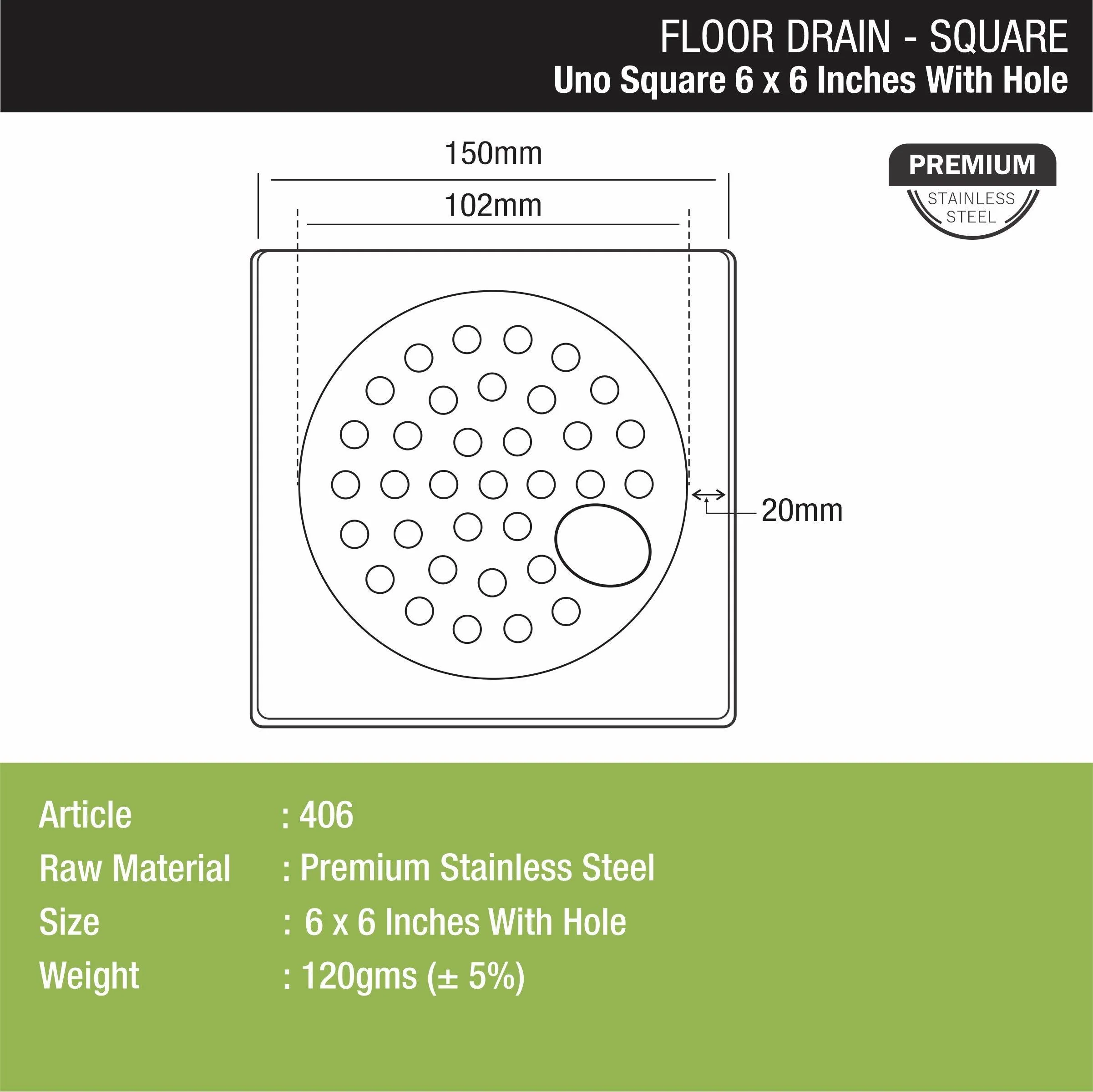 UNO Square Floor Drain (6 x 6 Inches) with Hole - LIPKA - Image 2