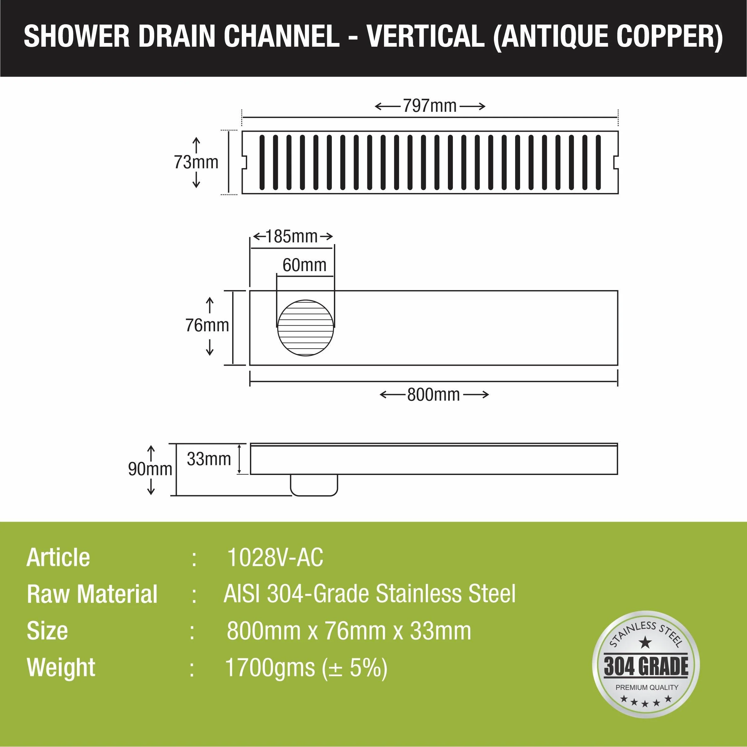 Vertical Shower Drain Channel - Antique Copper (32 x 3 Inches) - LIPKA - Image 2