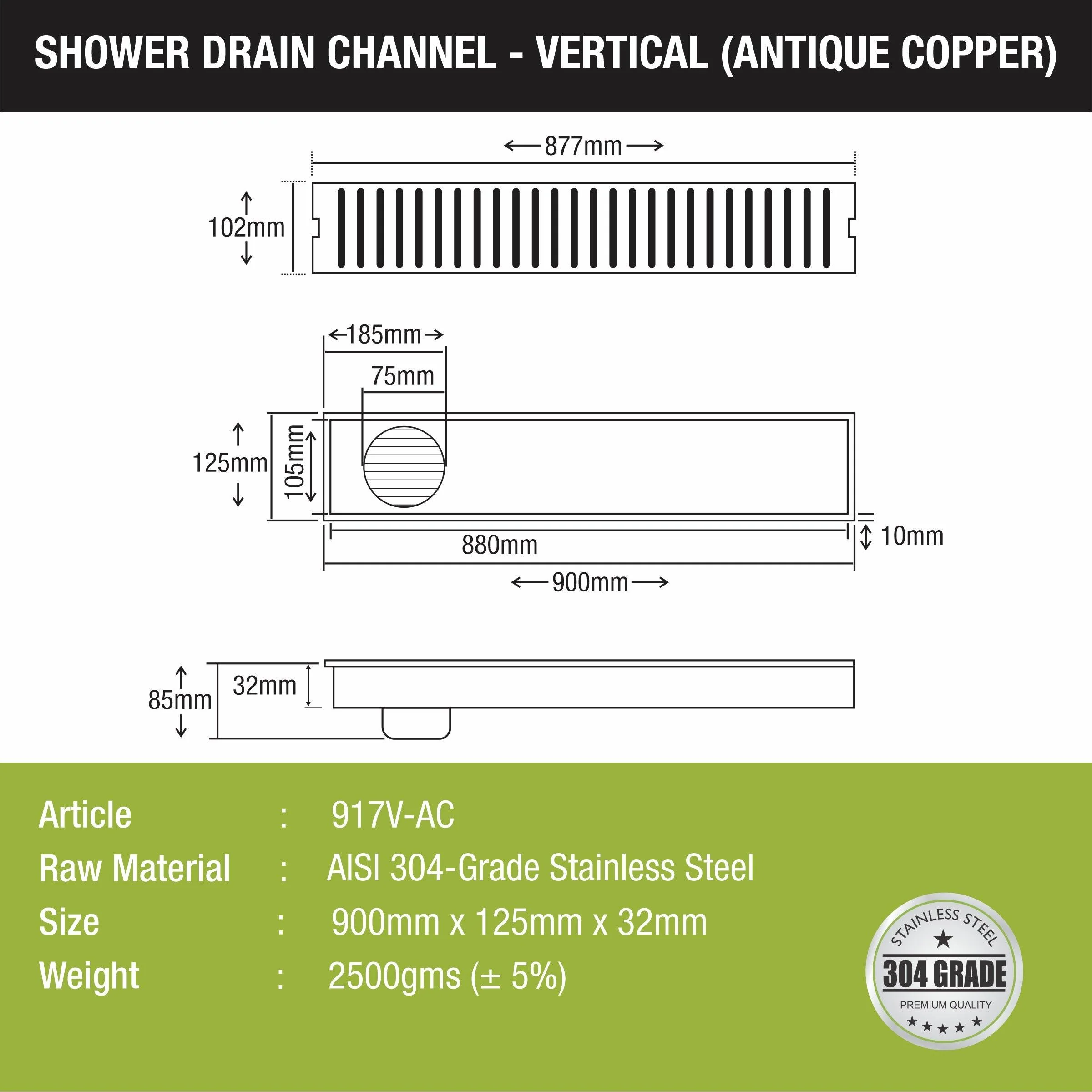 Vertical Shower Drain Channel - Antique Copper (36 x 5 Inches) - LIPKA - Image 2