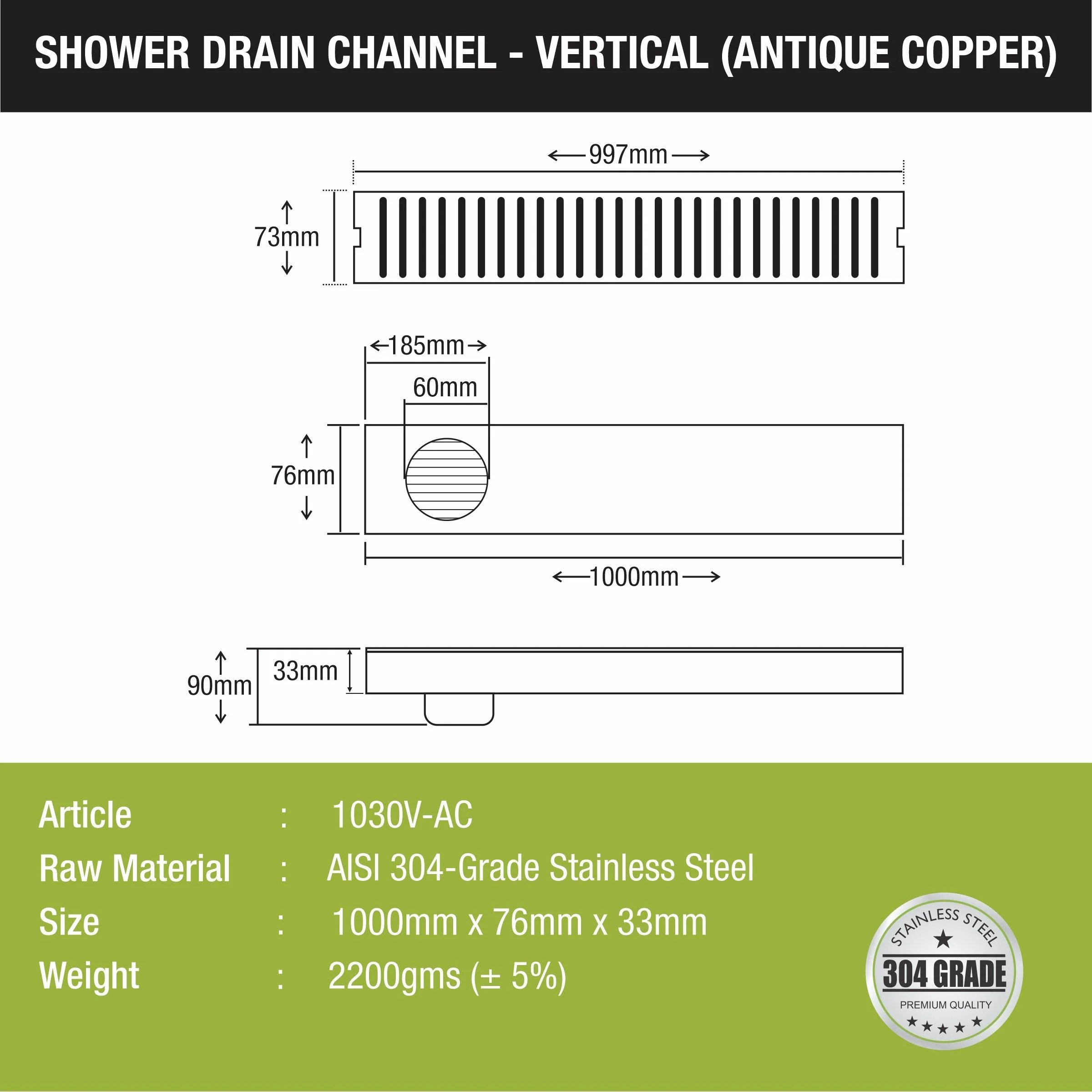Vertical Shower Drain Channel - Antique Copper (40 x 3 Inches) - LIPKA - Image 2