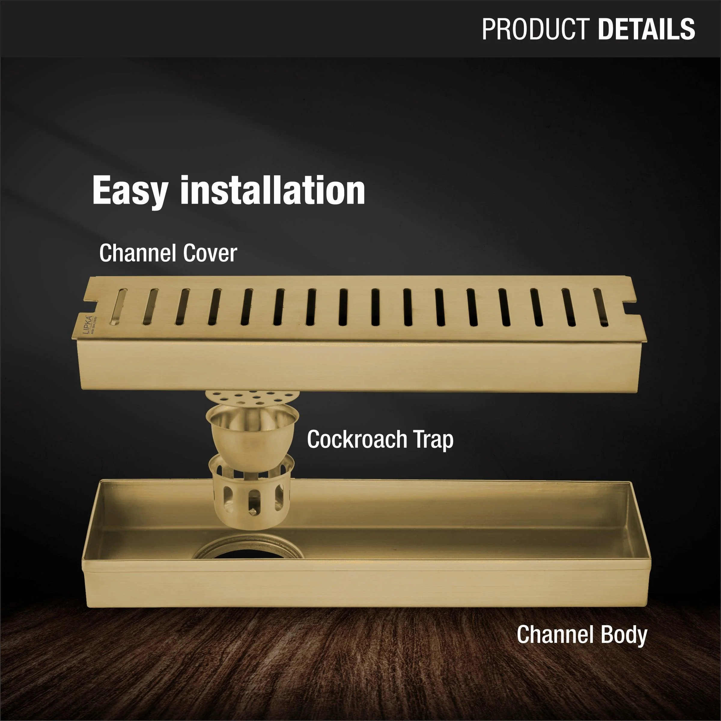 Vertical Shower Drain Channel - Yellow Gold (24 x 3 Inches) - LIPKA - Image 3