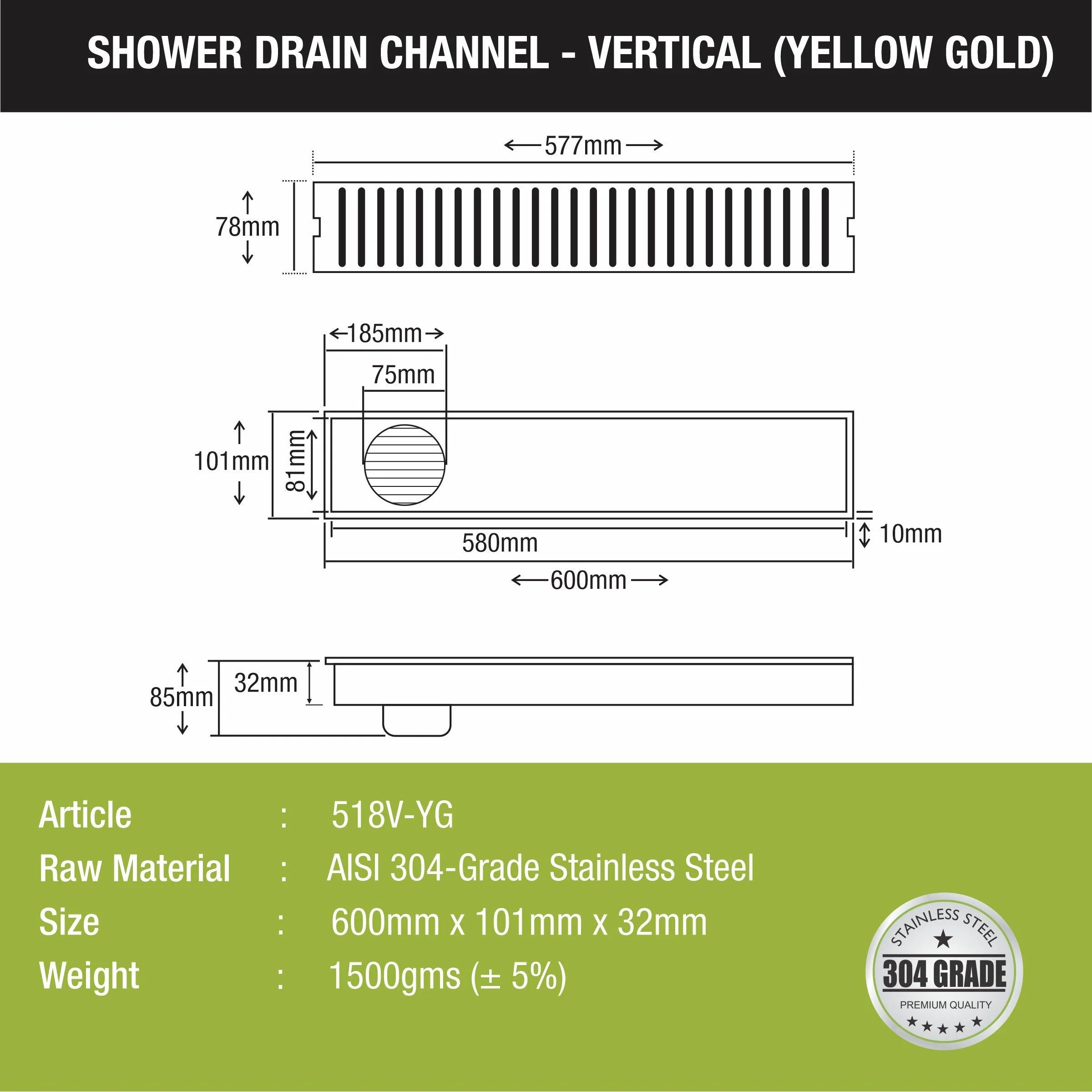 Vertical Shower Drain Channel - Yellow Gold (24 x 4 Inches) - LIPKA - Image 2