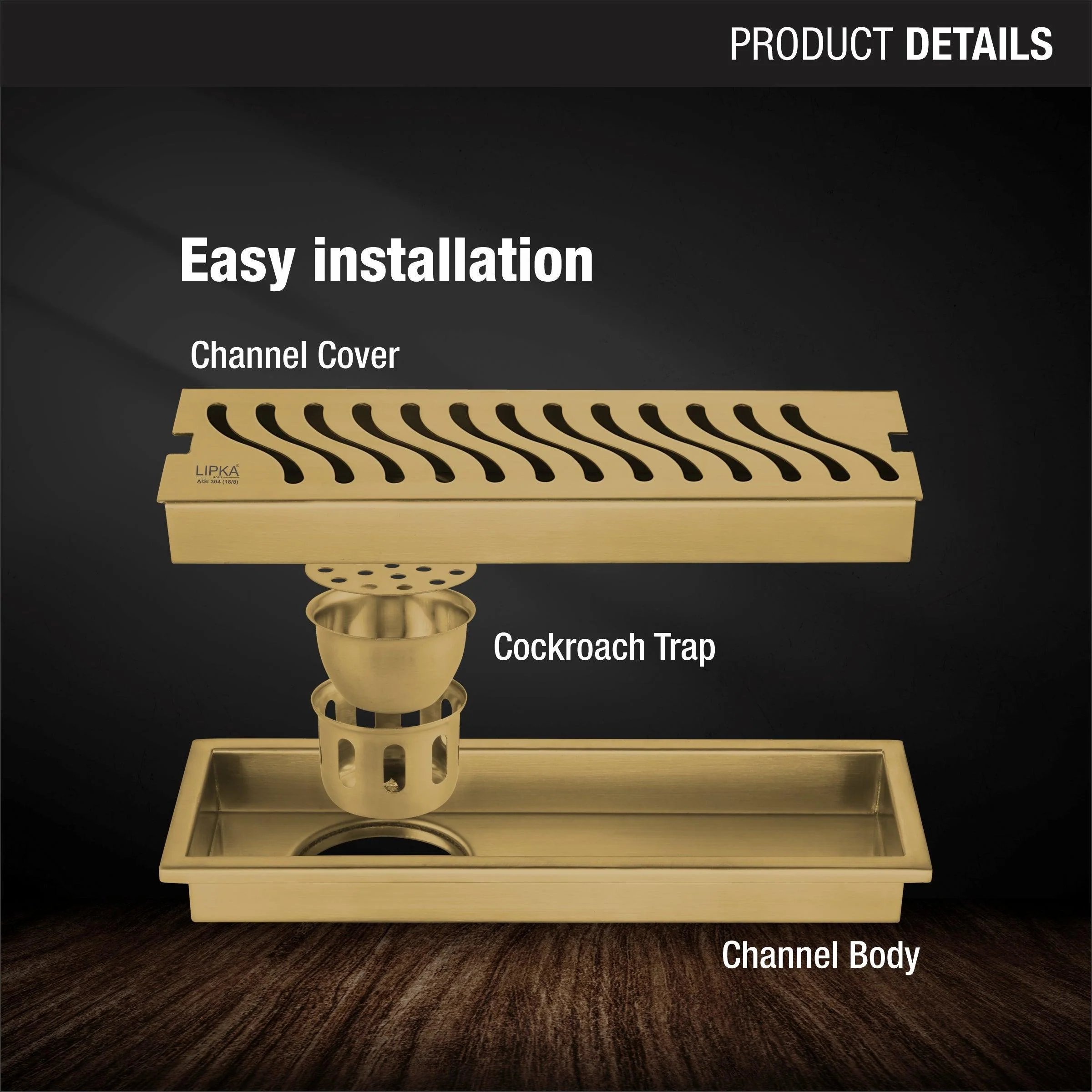 Wave Shower Drain Channel - Yellow Gold (18 x 5 Inches) - LIPKA - Image 3