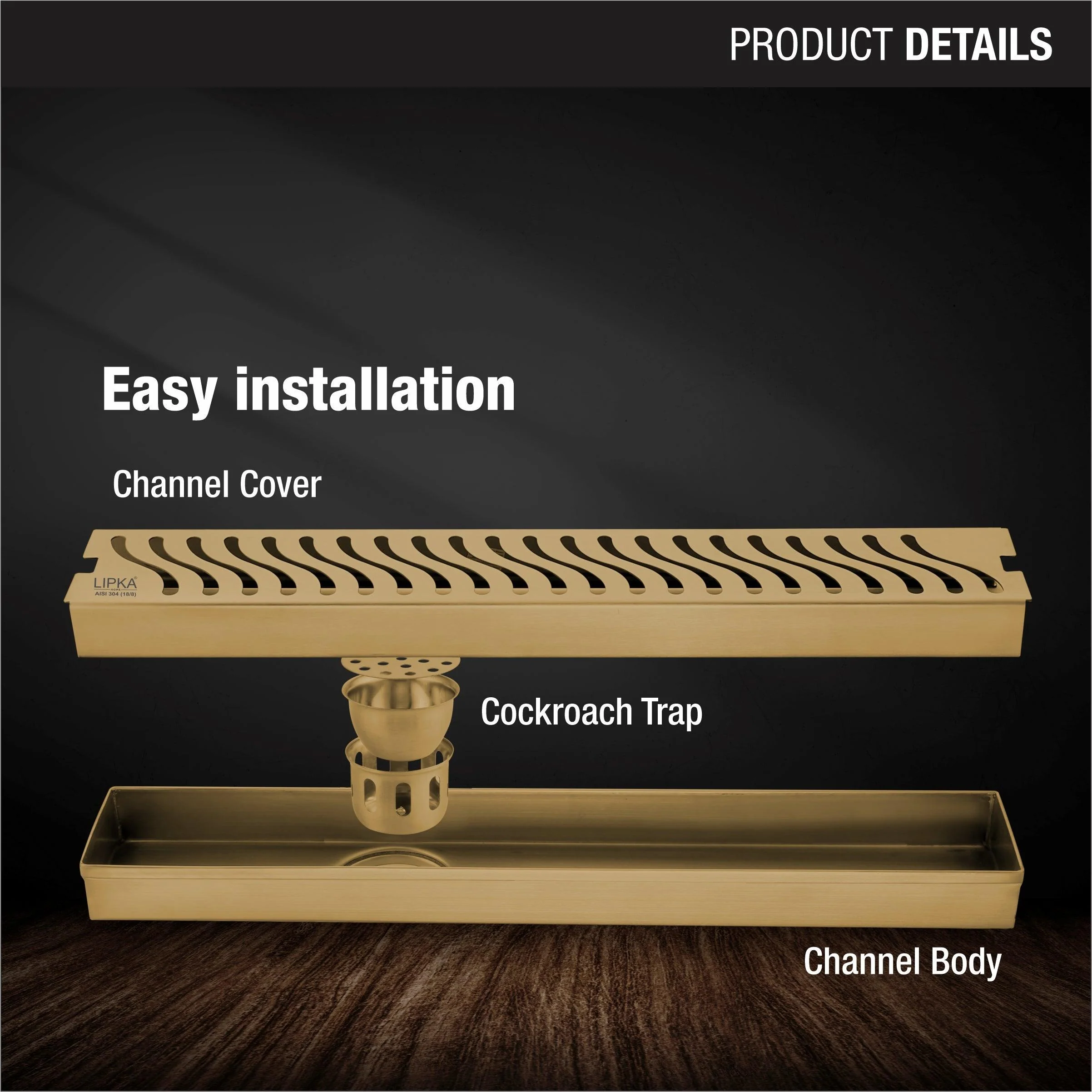 Wave Shower Drain Channel - Yellow Gold (32 x 3 Inches) - LIPKA - Image 3