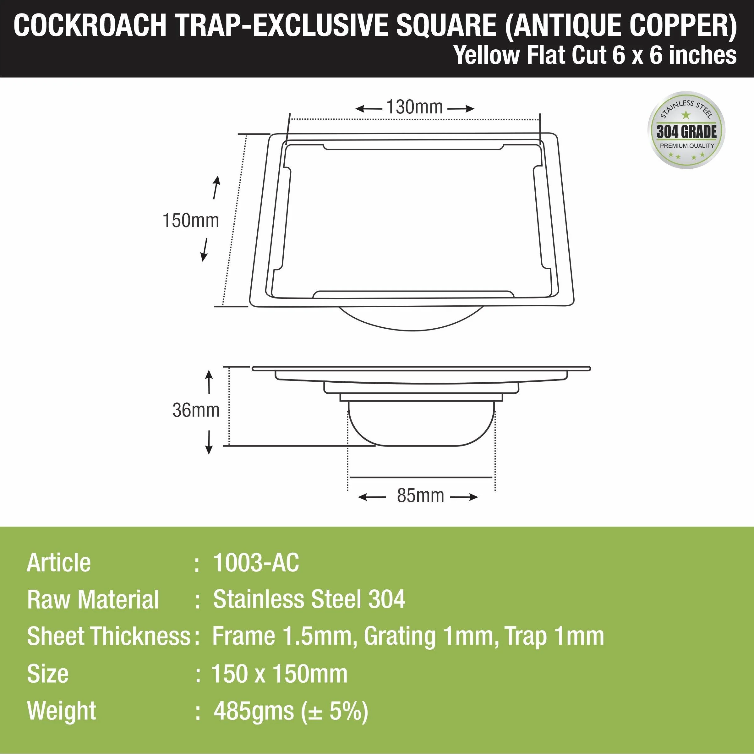 Yellow Exclusive Square Flat Cut Floor Drain in Antique Copper PVD Coating (6 x 6 Inches) with Cockroach Trap - LIPKA - Image 2
