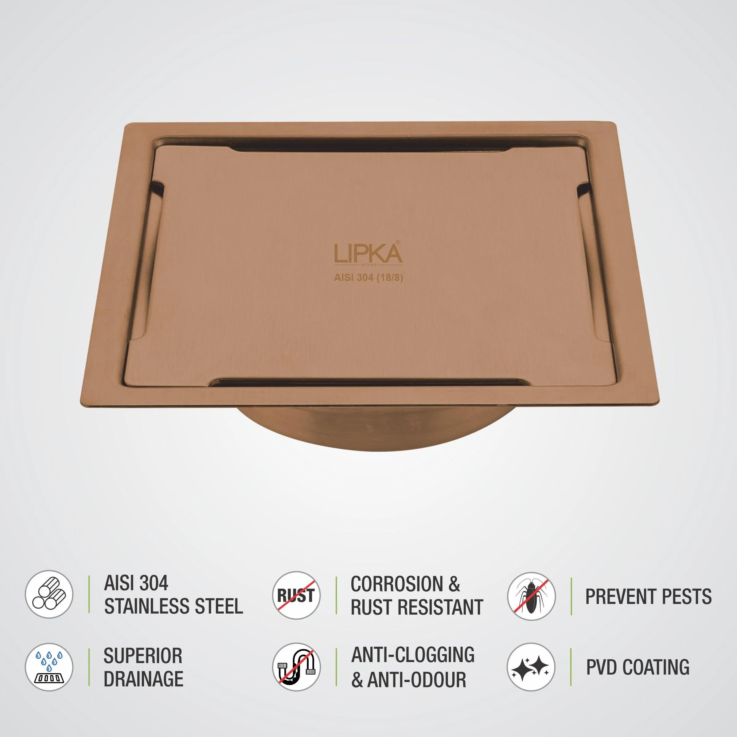 Yellow Exclusive Square Flat Cut Floor Drain in Antique Copper PVD Coating (6 x 6 Inches) with Cockroach Trap - LIPKA - Image 4