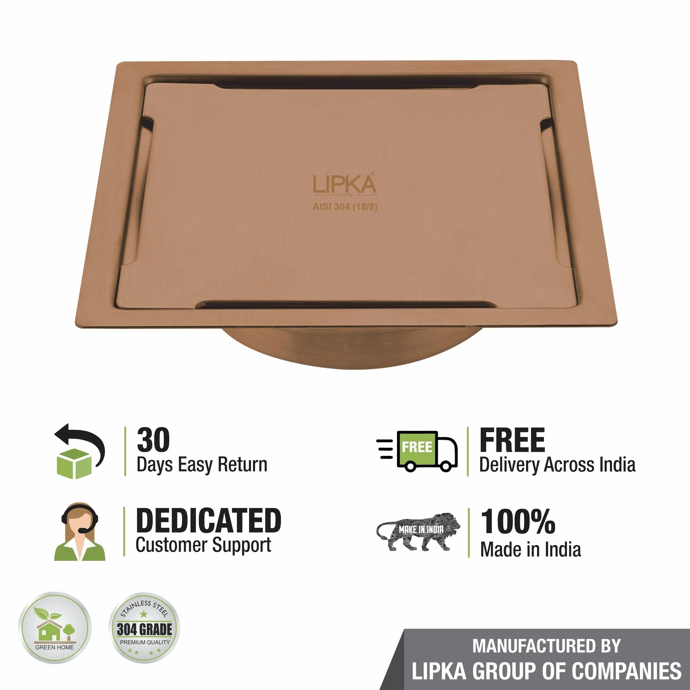 Yellow Exclusive Square Flat Cut Floor Drain in Antique Copper PVD Coating (6 x 6 Inches) with Cockroach Trap - LIPKA - Image 5