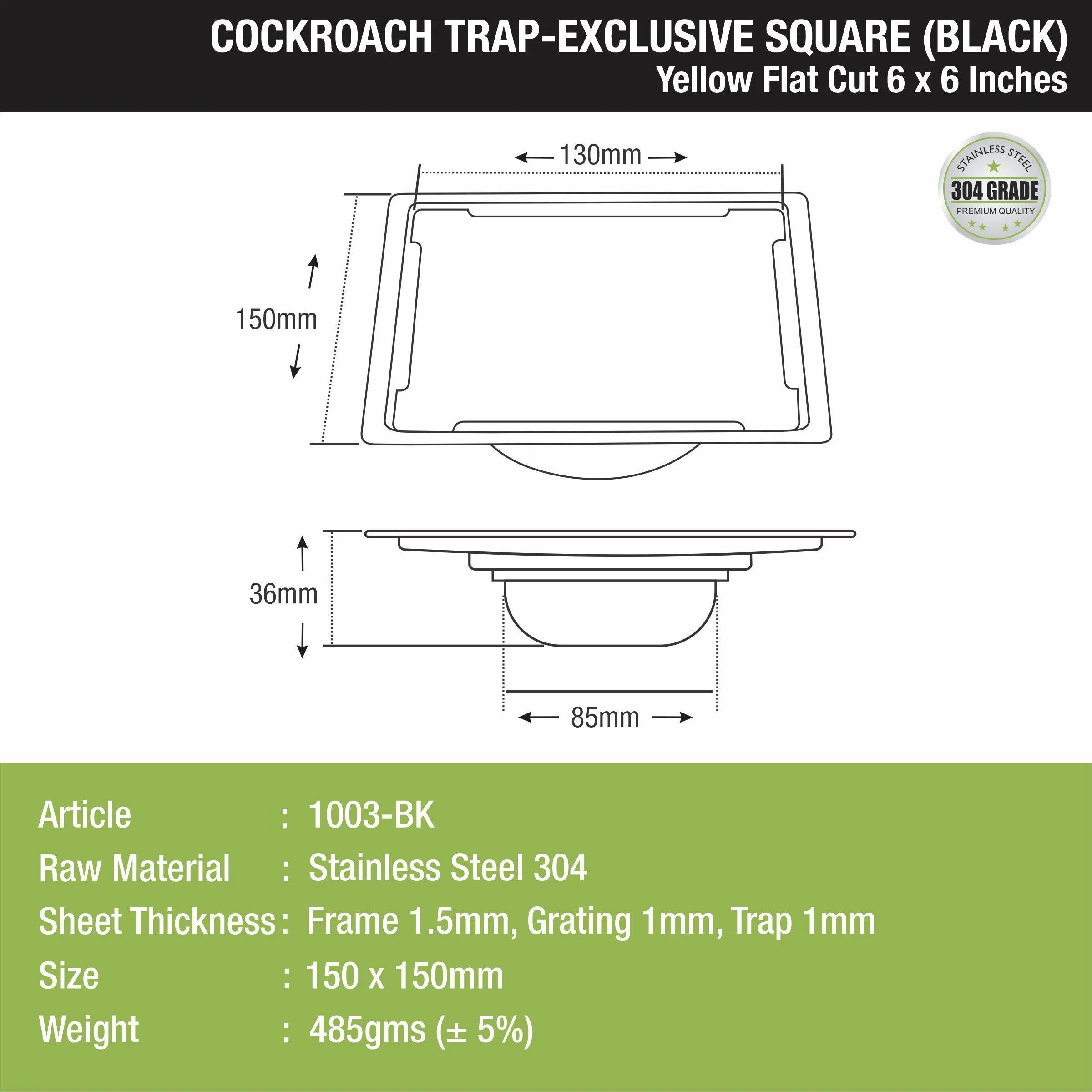 Yellow Exclusive Square Flat Cut Floor Drain in Black PVD Coating (6 x 6 Inches) with Cockroach Trap - LIPKA - Image 2