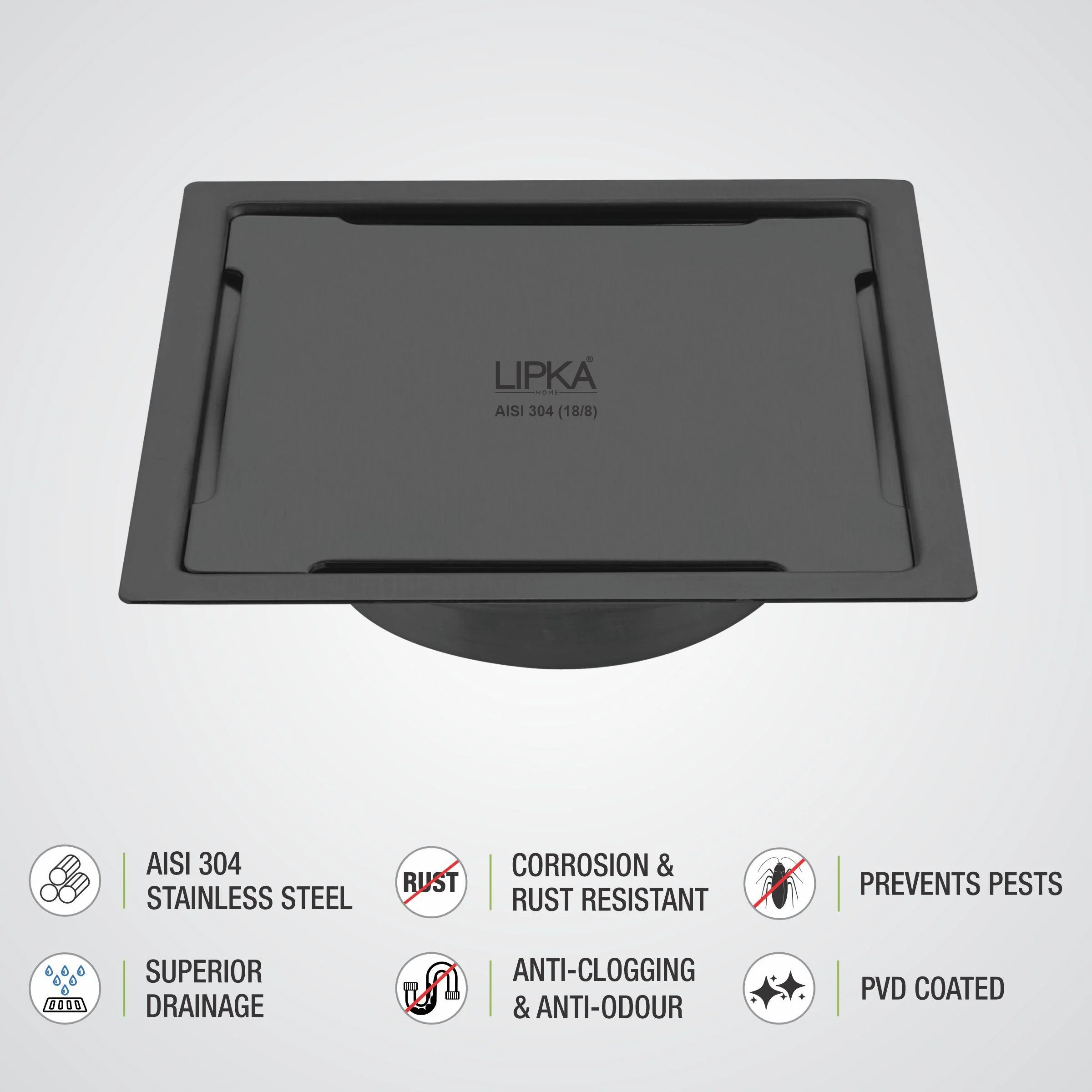 Yellow Exclusive Square Flat Cut Floor Drain in Black PVD Coating (6 x 6 Inches) with Cockroach Trap - LIPKA - Image 4