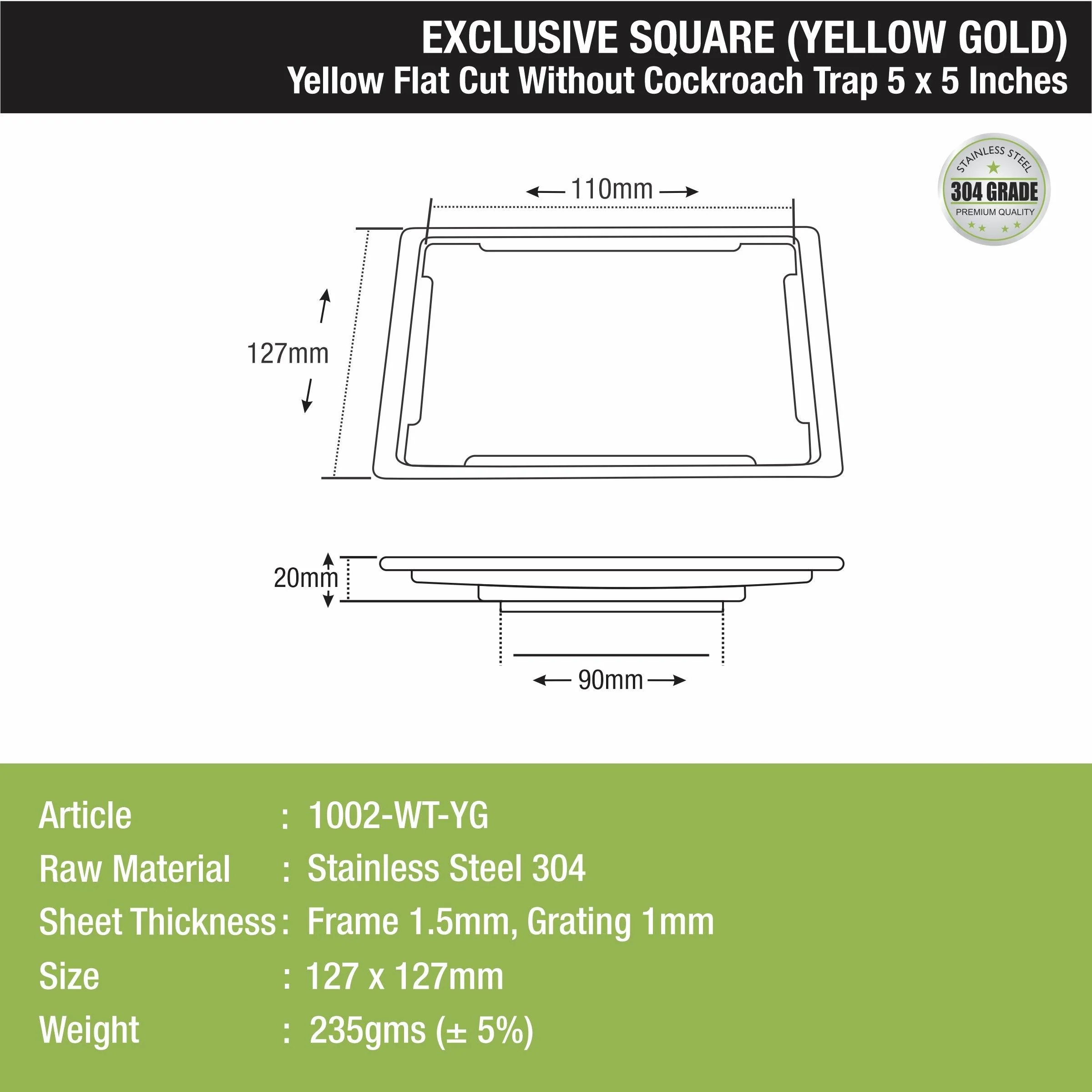 Yellow Exclusive Square Flat Cut Floor Drain in Yellow Gold PVD Coating (5 x 5 Inches) - LIPKA - Image 2