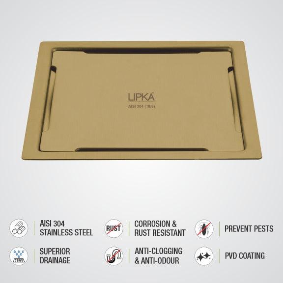 Yellow Exclusive Square Flat Cut Floor Drain in Yellow Gold PVD Coating (5 x 5 Inches) - LIPKA - Image 3