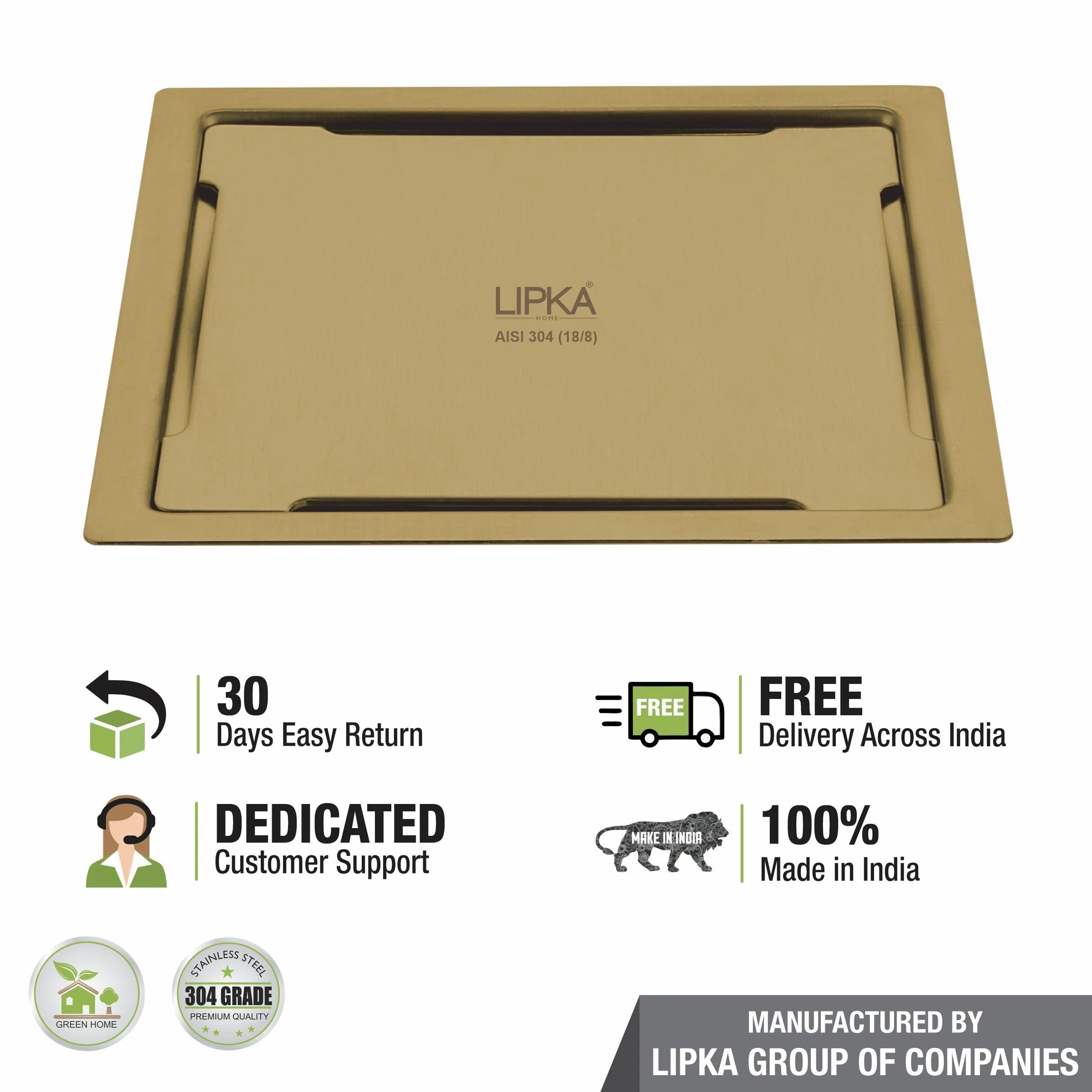 Yellow Exclusive Square Flat Cut Floor Drain in Yellow Gold PVD Coating (5 x 5 Inches) - LIPKA - Image 4