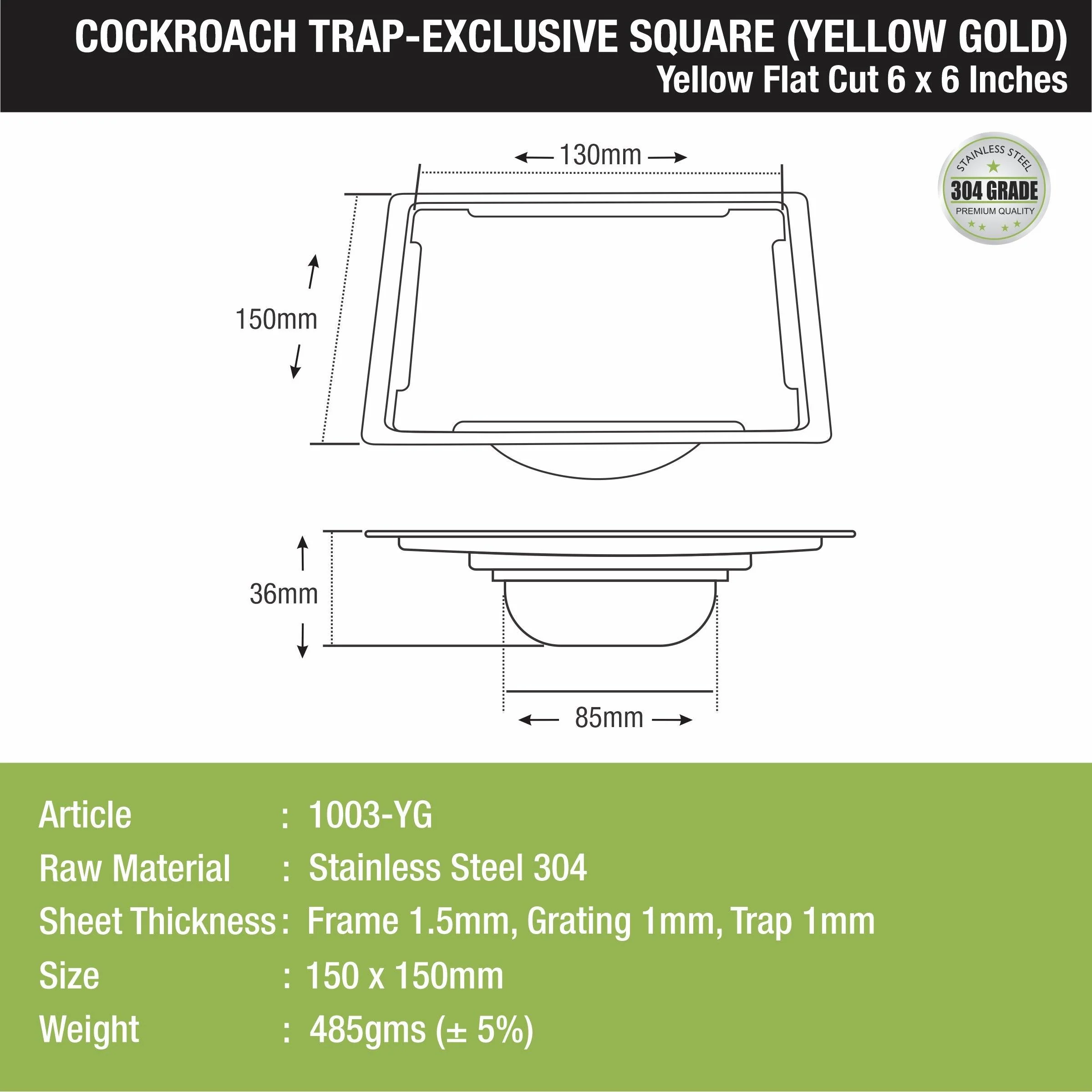 Yellow Exclusive Square Flat Cut Floor Drain in Yellow Gold PVD Coating (6 x 6 Inches) with Cockroach Trap - LIPKA - Image 2
