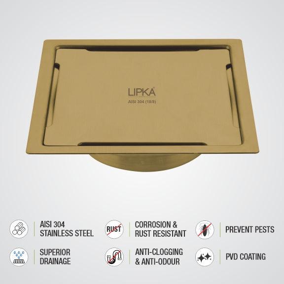 Yellow Exclusive Square Flat Cut Floor Drain in Yellow Gold PVD Coating (6 x 6 Inches) with Cockroach Trap - LIPKA - Image 4