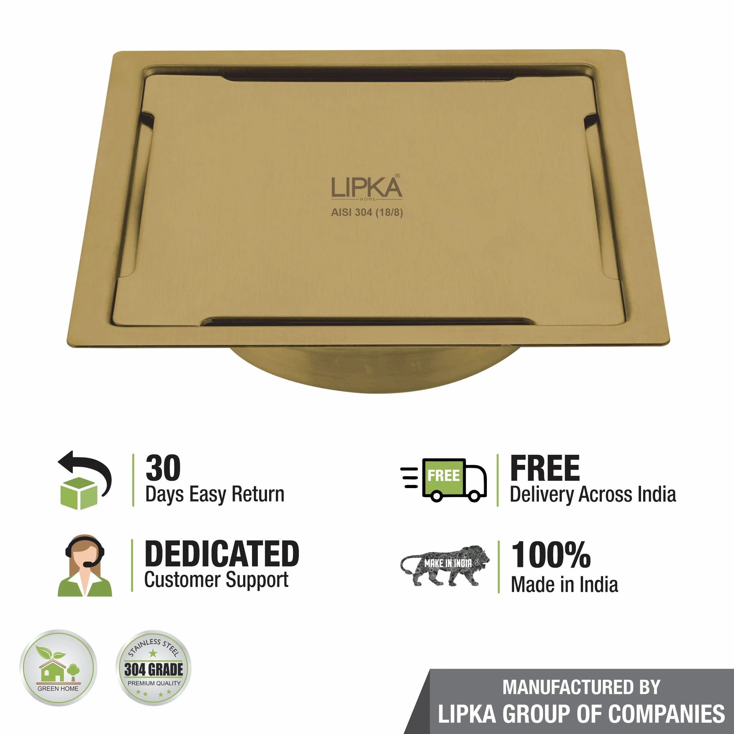 Yellow Exclusive Square Flat Cut Floor Drain in Yellow Gold PVD Coating (6 x 6 Inches) with Cockroach Trap - LIPKA - Image 5