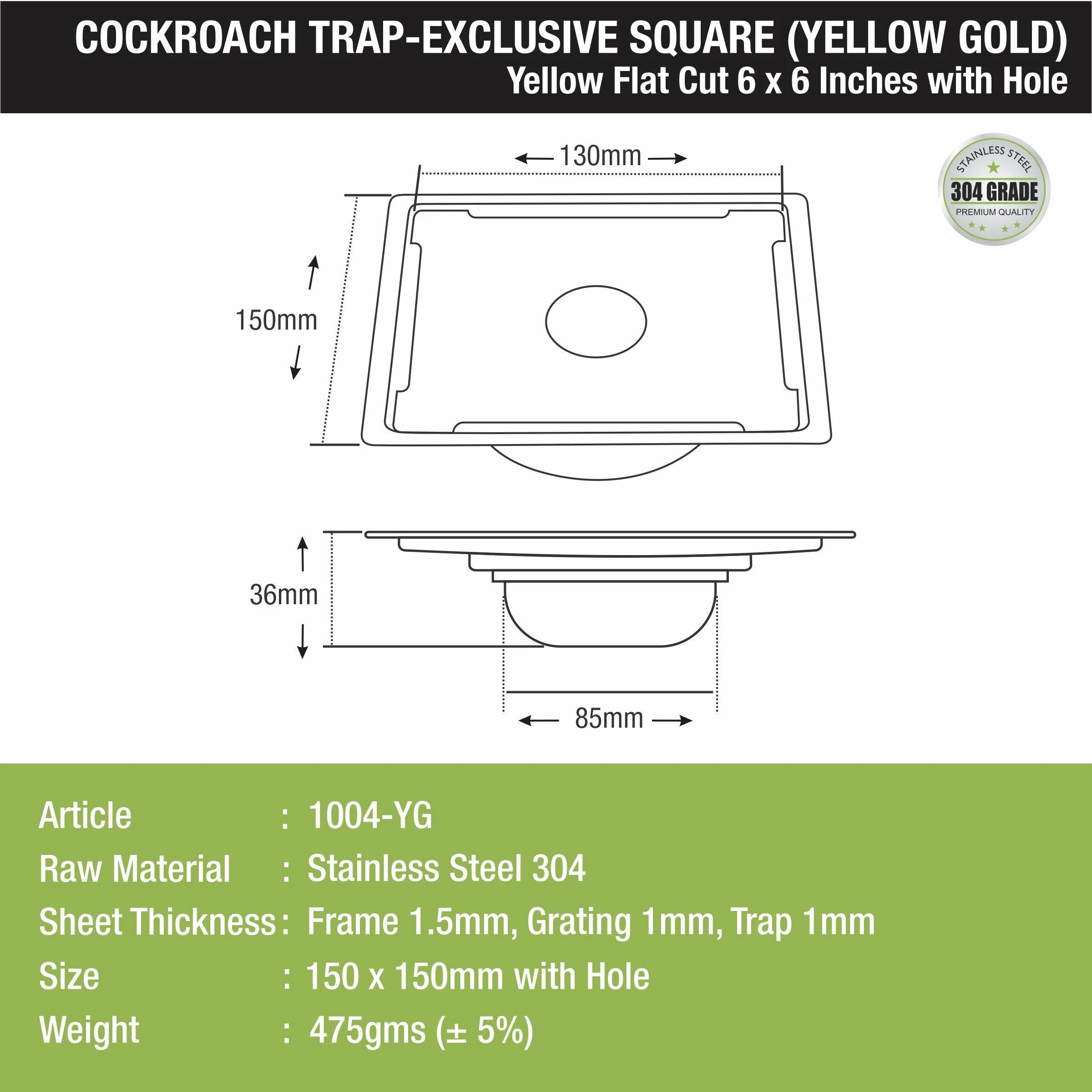 Yellow Exclusive Square Flat Cut Floor Drain in Yellow Gold PVD Coating (6 x 6 Inches) with Hole & Cockroach Trap - LIPKA - Image 2