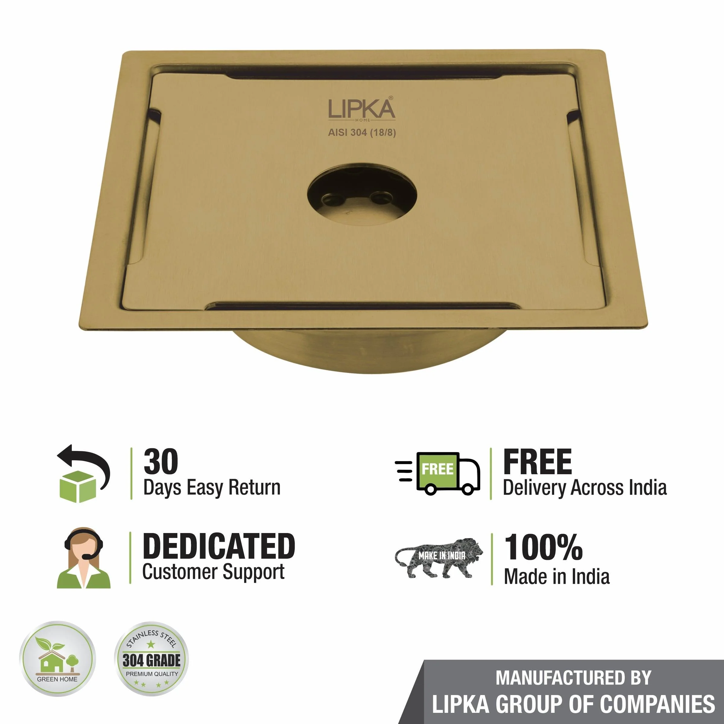Yellow Exclusive Square Flat Cut Floor Drain in Yellow Gold PVD Coating (6 x 6 Inches) with Hole & Cockroach Trap - LIPKA - Image 5
