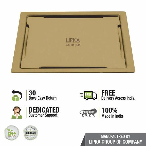 Yellow Exclusive Square Flat Cut Floor Drain in Yellow Gold PVD Coating (6 x 6 Inches) - LIPKA - Image 4