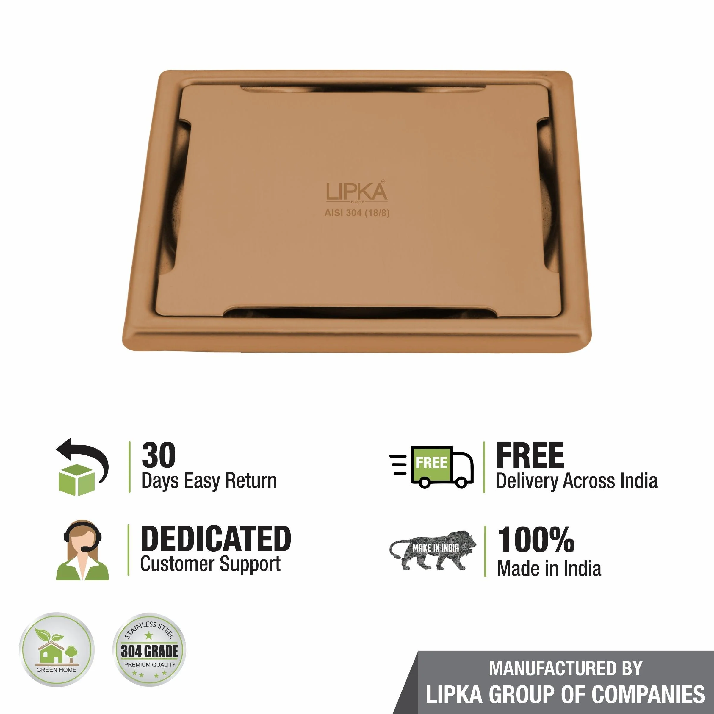Yellow Exclusive Square Floor Drain in Antique Copper PVD Coating (5 x 5 Inches) - LIPKA - Image 4