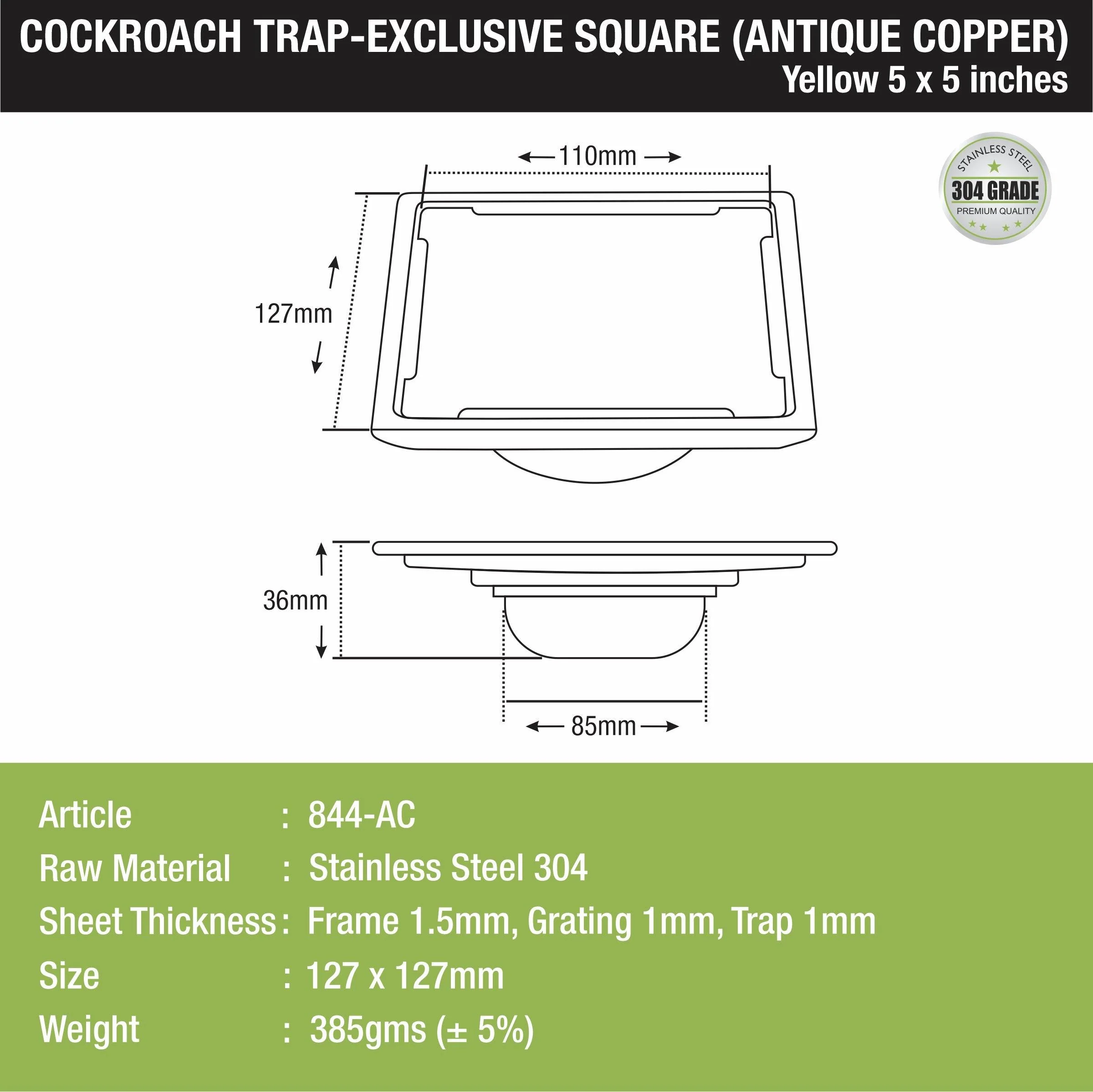 Yellow Exclusive Square Floor Drain in Antique Copper PVD Coating (5 x 5 Inches) with Cockroach Trap - LIPKA - Image 2