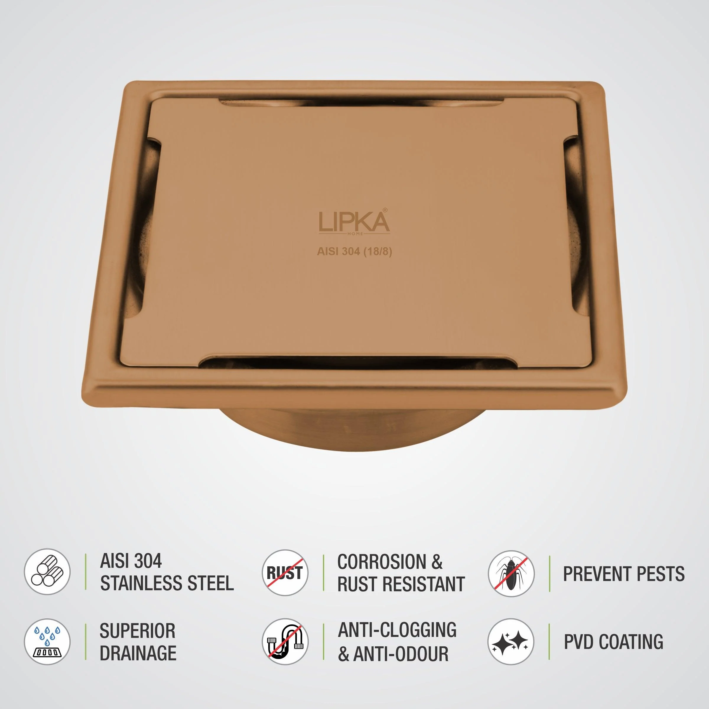 Yellow Exclusive Square Floor Drain in Antique Copper PVD Coating (5 x 5 Inches) with Cockroach Trap - LIPKA - Image 4