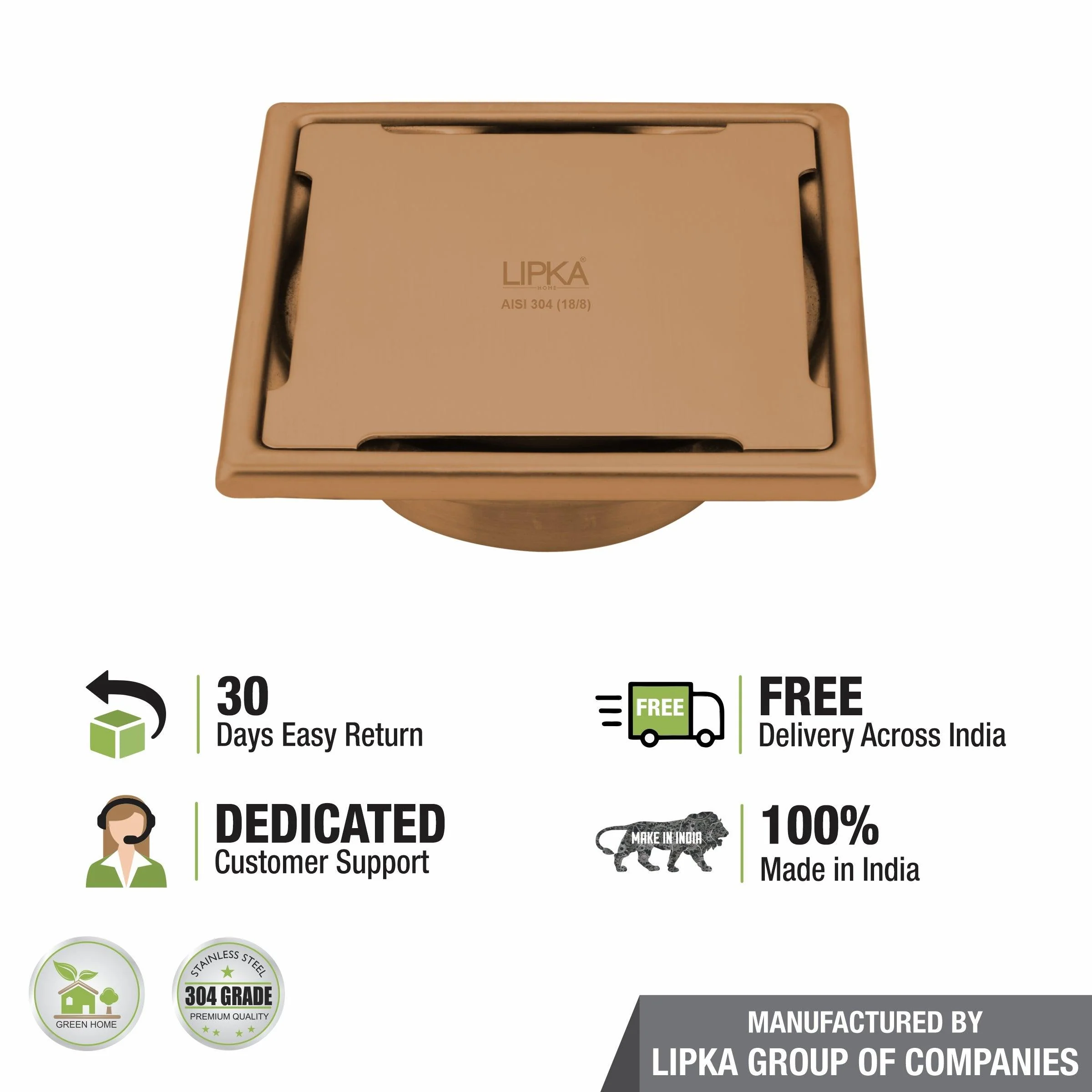 Yellow Exclusive Square Floor Drain in Antique Copper PVD Coating (5 x 5 Inches) with Cockroach Trap - LIPKA - Image 5