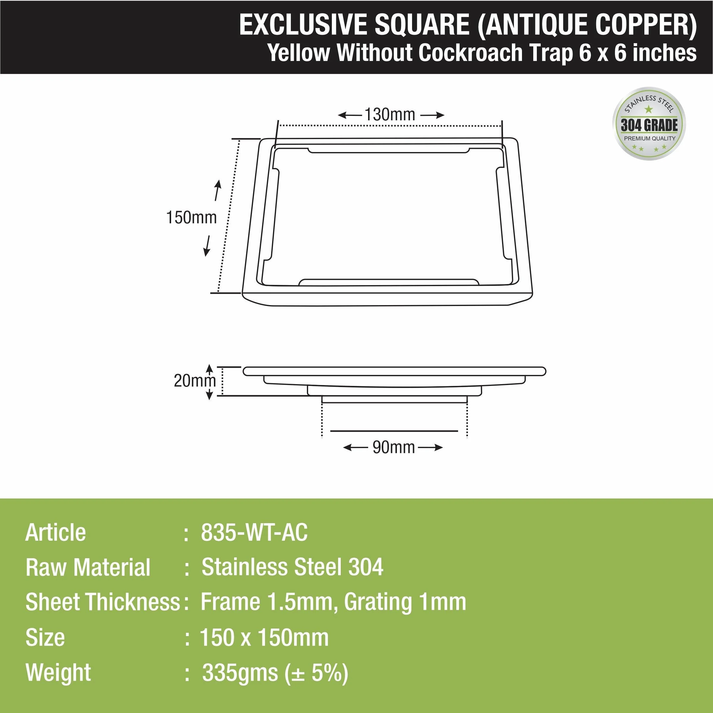 Yellow Exclusive Square Floor Drain in Antique Copper PVD Coating (6 x 6 Inches) - LIPKA - Image 2