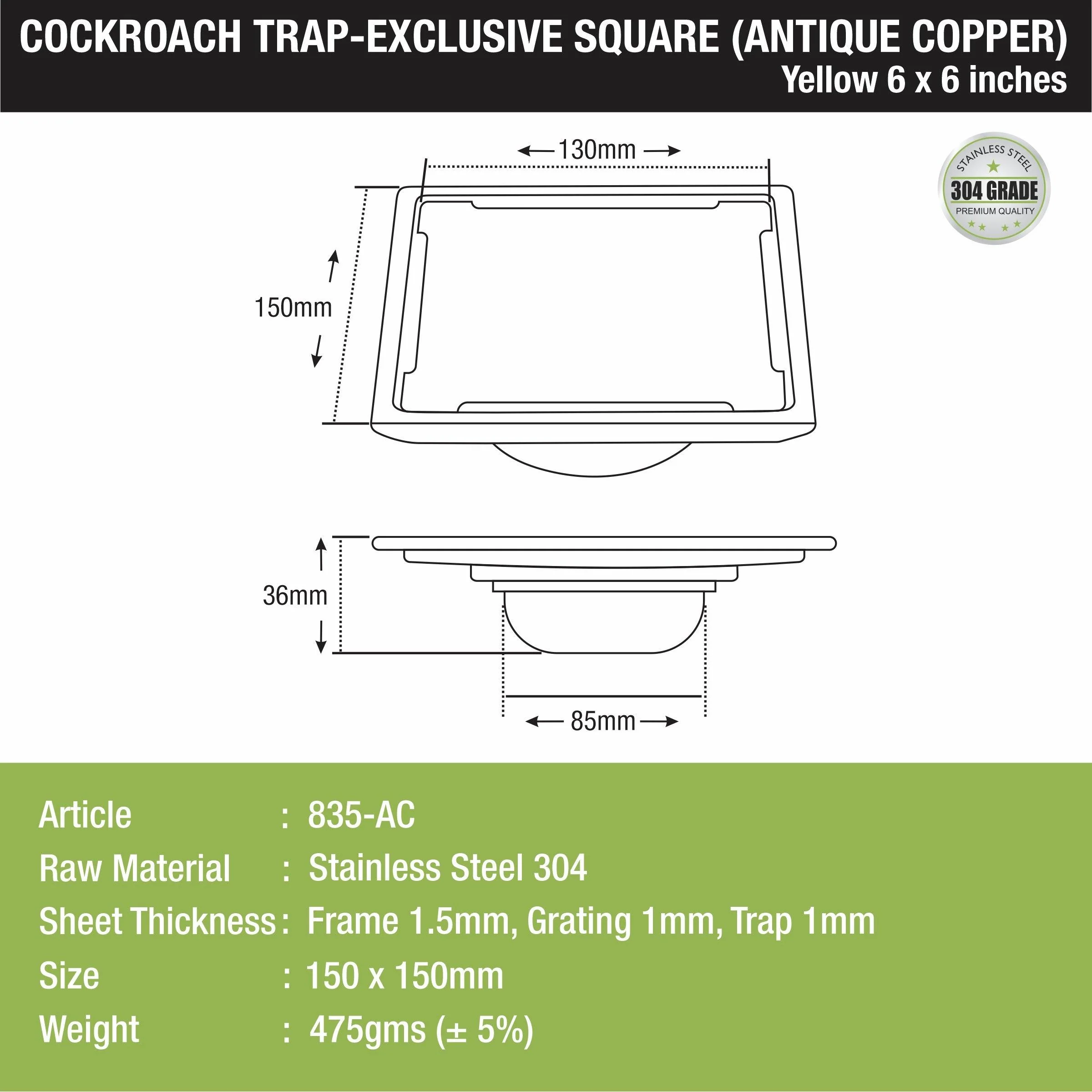 Yellow Exclusive Square Floor Drain in Antique Copper PVD Coating (6 x 6 Inches) with Cockroach Trap - LIPKA - Image 2
