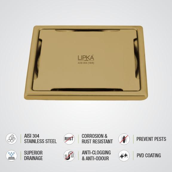 Yellow Exclusive Square Floor Drain in Yellow Gold PVD Coating (5 x 5 Inches) - LIPKA - Image 3