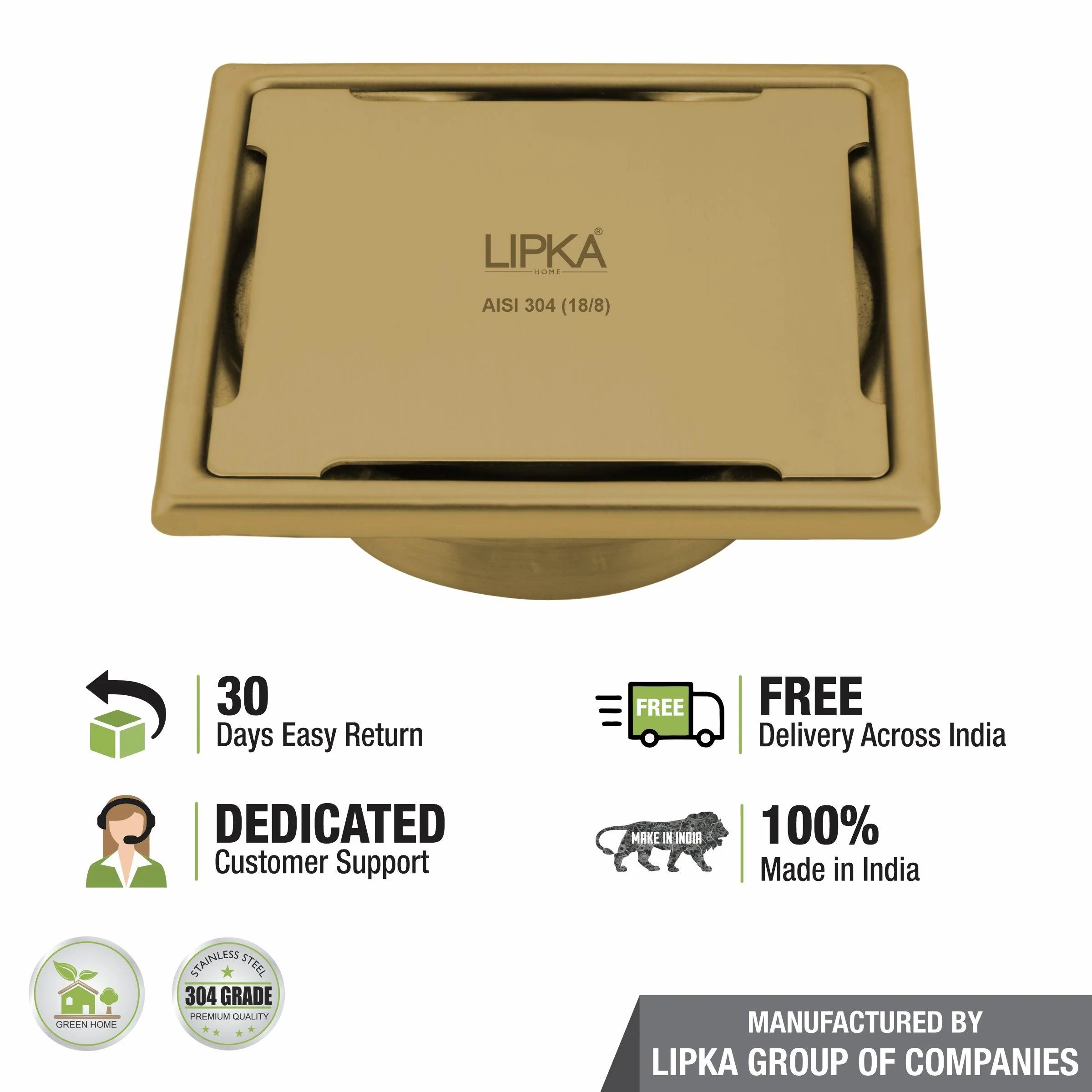 Yellow Exclusive Square Floor Drain in Yellow Gold PVD Coating (5 x 5 Inches) with Cockroach Trap - LIPKA - Image 5