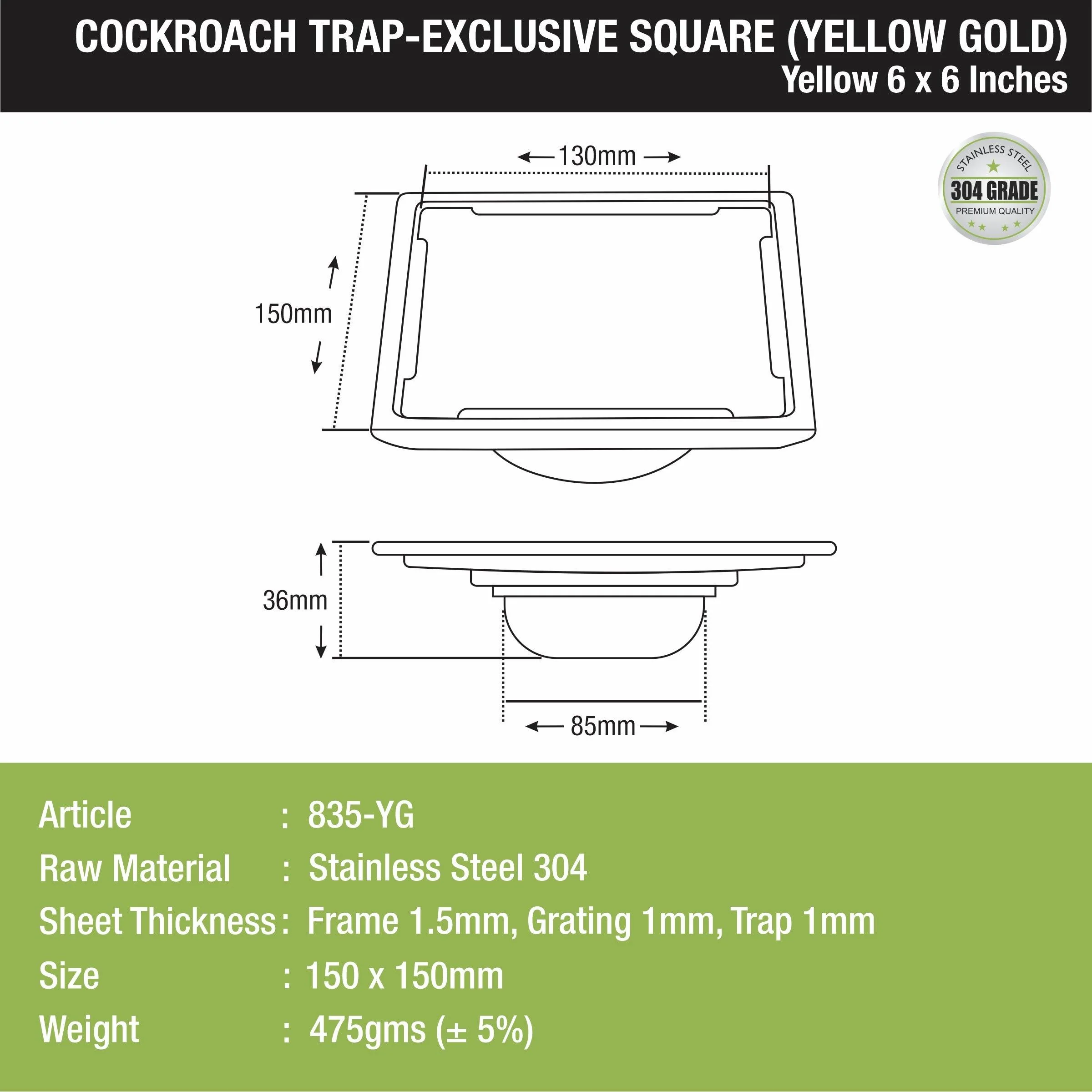Yellow Exclusive Square Floor Drain in Yellow Gold PVD Coating (6 x 6 Inches) with Cockroach Trap - LIPKA - Image 2