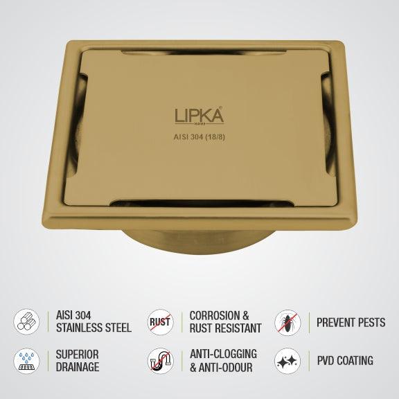 Yellow Exclusive Square Floor Drain in Yellow Gold PVD Coating (6 x 6 Inches) with Cockroach Trap - LIPKA - Image 4