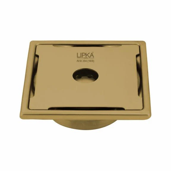 Yellow Exclusive Square Floor Drain in Yellow Gold PVD Coating (6 x 6 Inches) with Hole & Cockroach Trap - LIPKA